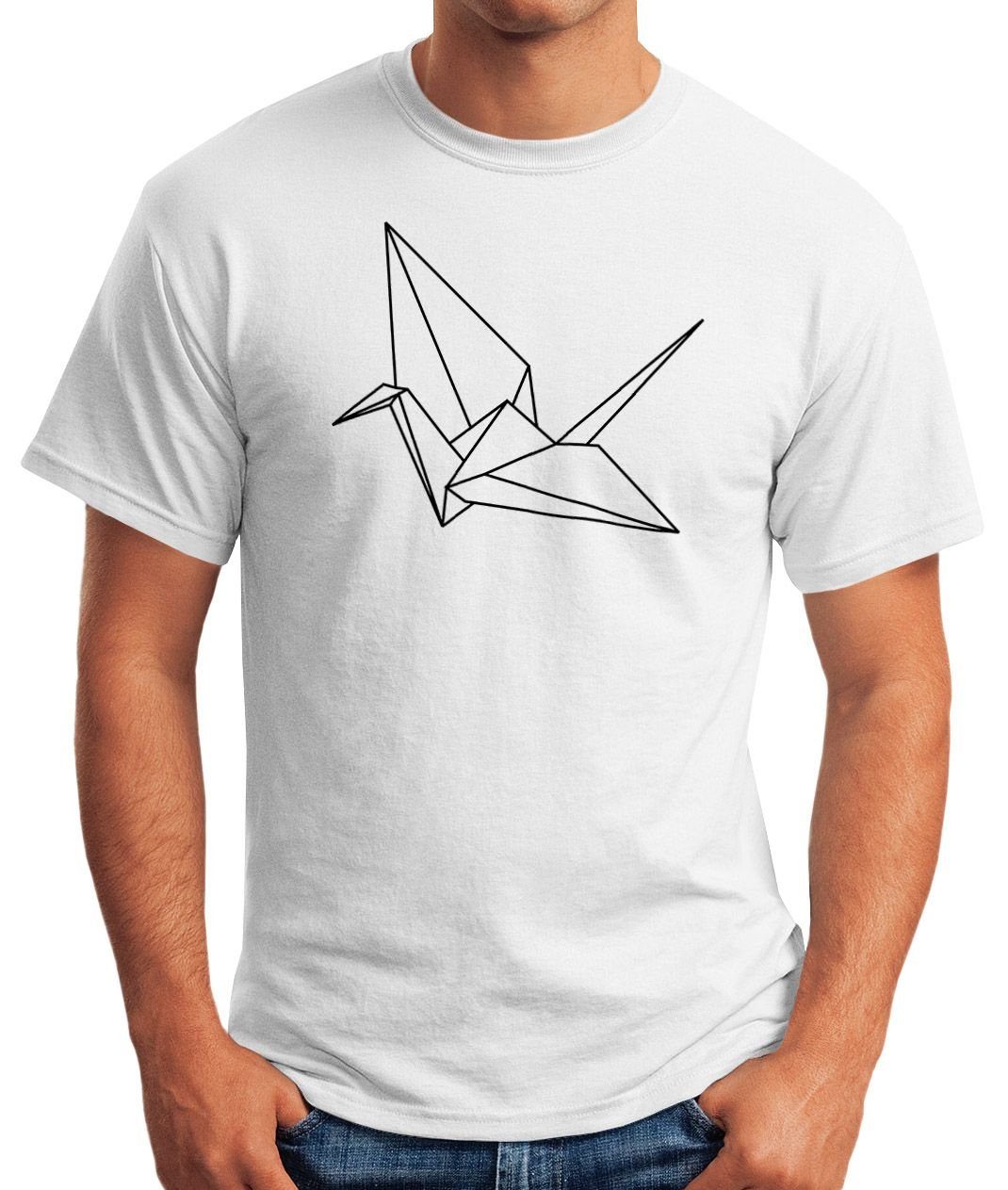 Origami T-Shirt Crane Kranich weiß Print-Shirt MoonWorks Print Herren Bird Geometrisch Moonworks® mit Vogel