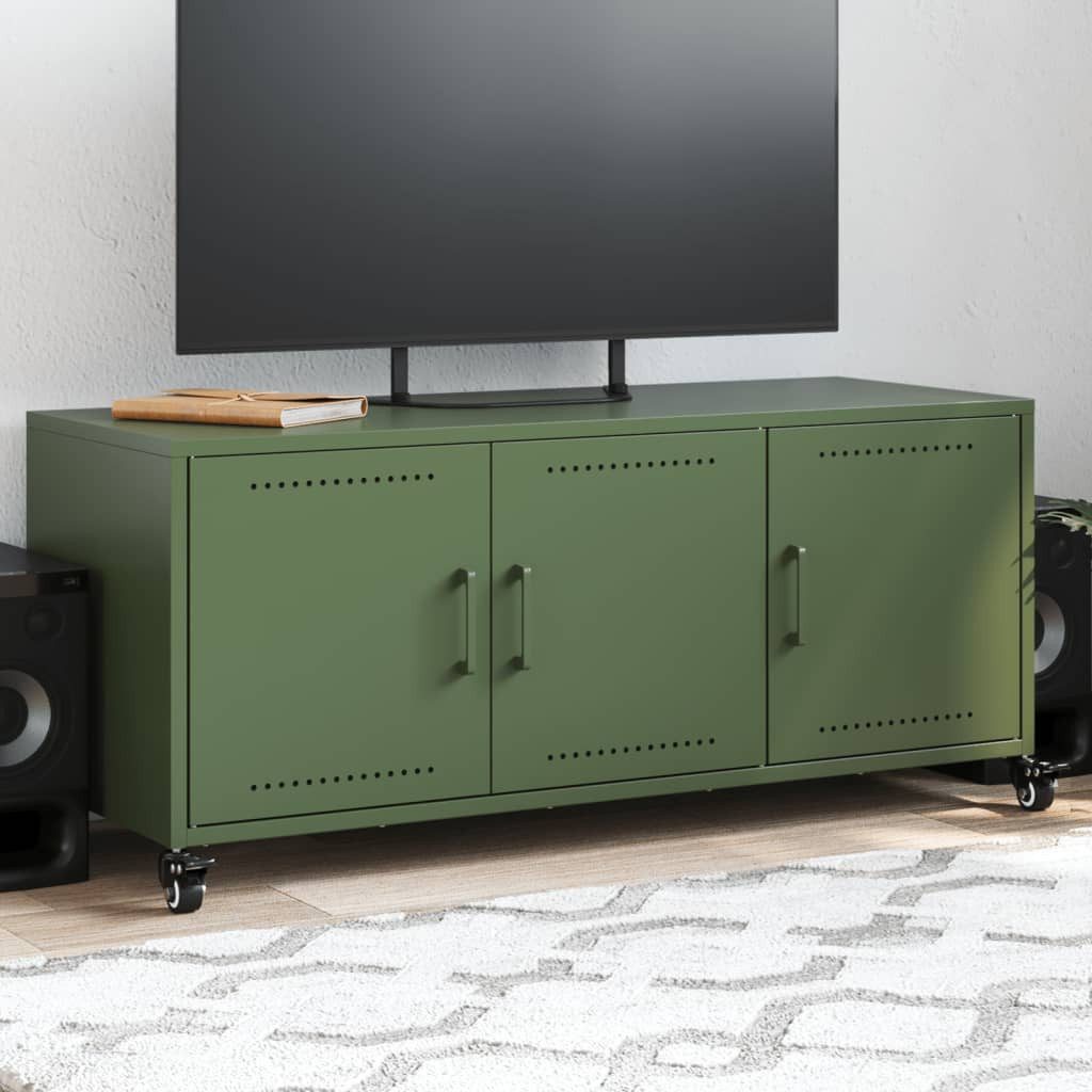 furnicato TV-Schrank Olivgrün 100,5 x 39 x 43,5 cm aus Kaltgewalztem Stahl (1-St) Stabiler Medienschrank mit 3 Türen, Rollen und viel Stauraum
