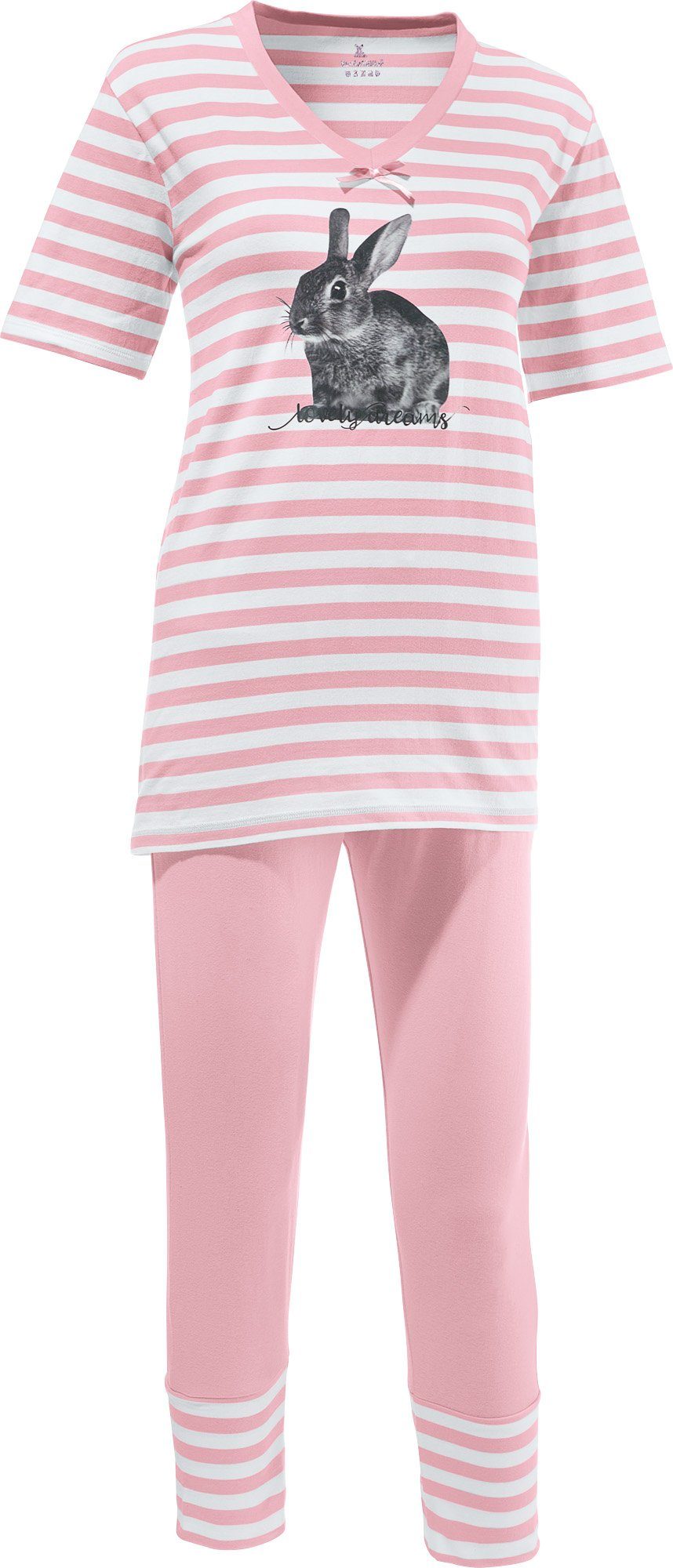 Erwin Müller Pyjama Damen-Schlafanzug Single-Jersey Streifen/Tiermotive: Hase
