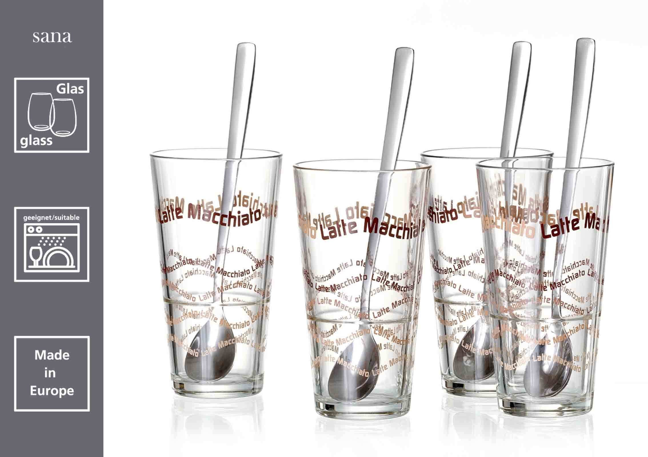 Ritzenhoff & Breker Latte-Macchiato-Glas Sana Latte Macchiato Gläser + Löffel 370 ml, 12-tlg., Glas