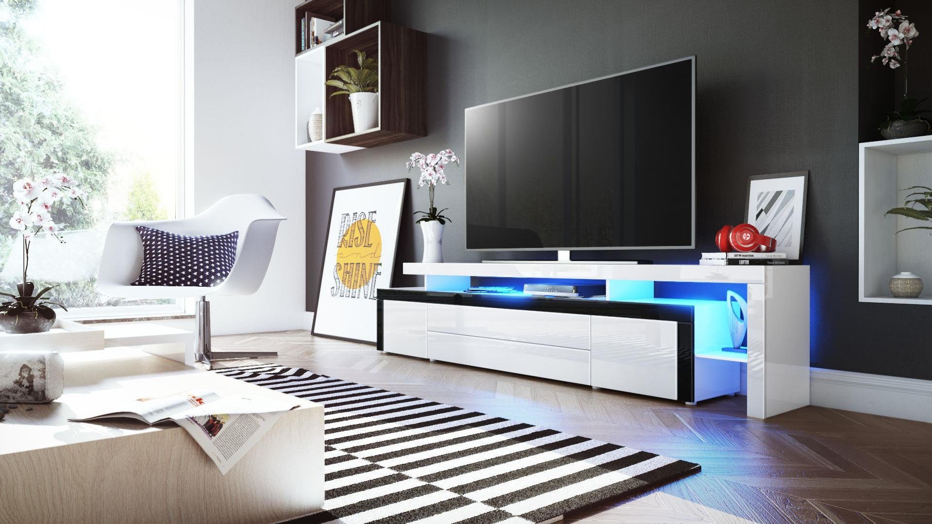 Vladon Lowboard Leon V3 (TV-Kommode, mit zwei Türen, zwei Schubkästen und einem modernen Überbau inkl. LED), Weiß Hochglanz/Schwarz Hochglanz (227 x 52 x 35 cm)