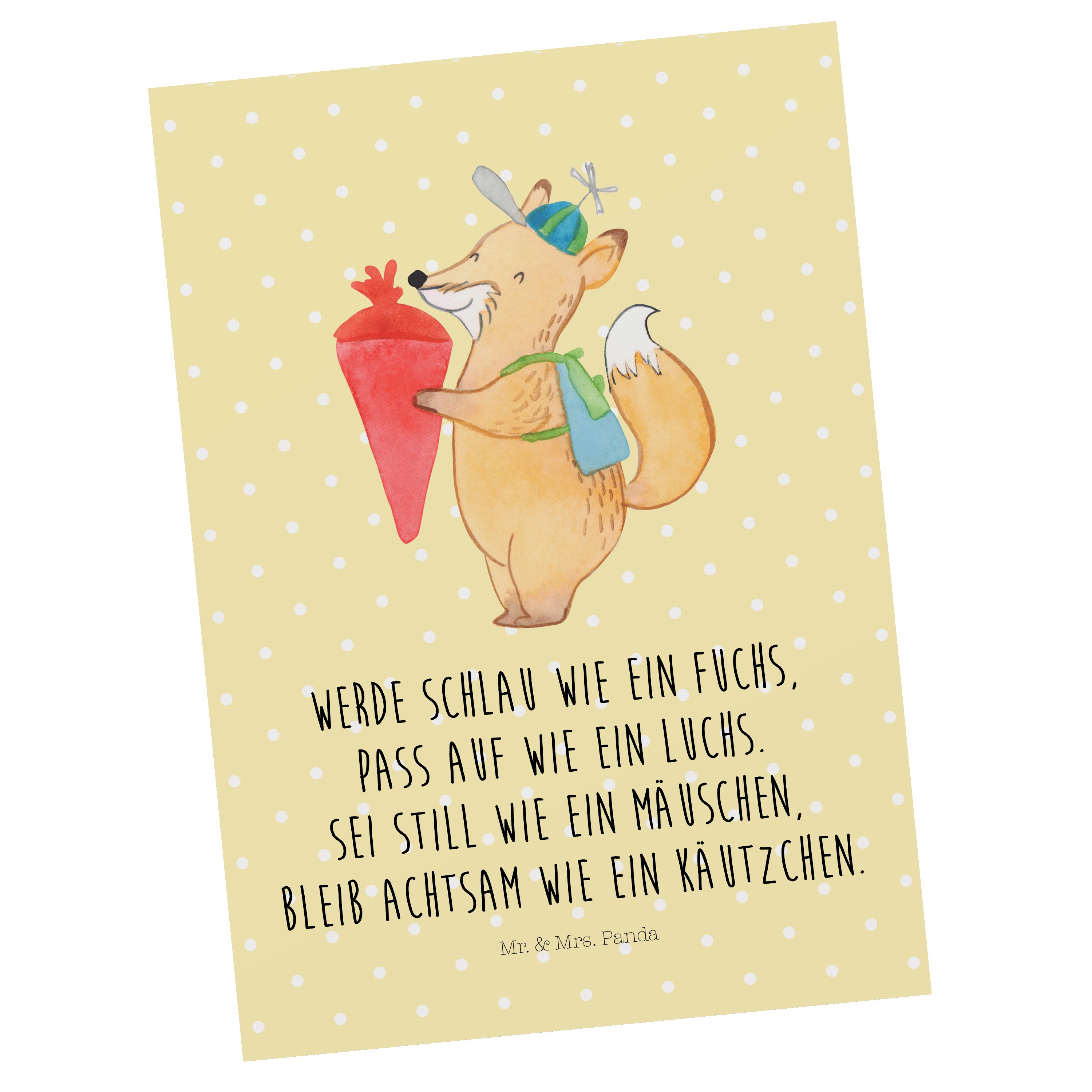 Mr. & Mrs. Panda Postkarte Fuchs Schulkind - Gelb Pastell - Geschenk, Gute Laune, Ansichtskarte