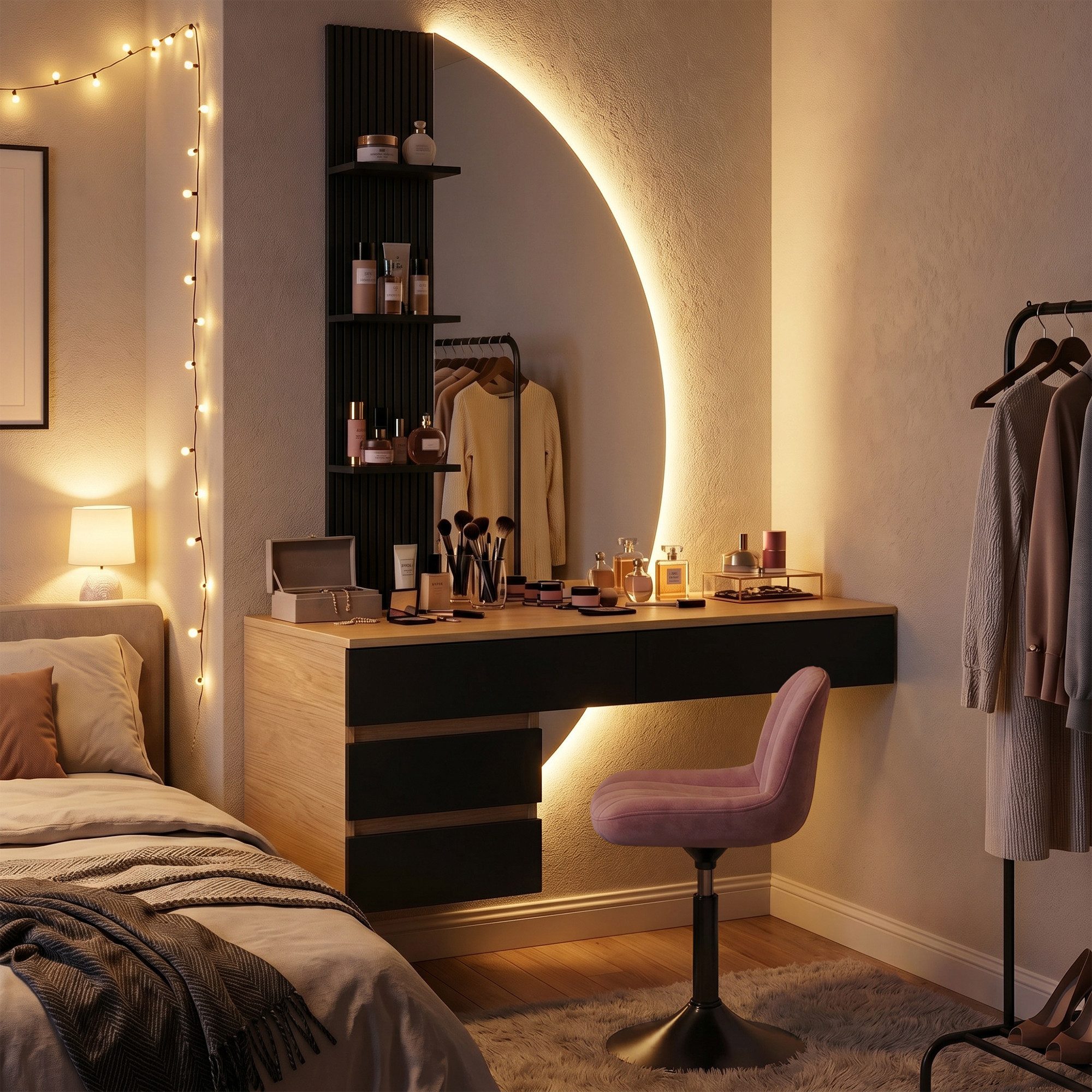 HOMALL Schminktisch Hängender Schminktisch mit drei einstellbaren Farbtemperaturen (LED-Silikon-Lichtleiste in drei Farben, Maße: 106 × 40 × 143 cm, mit 3 offen – Bild 3 von 5