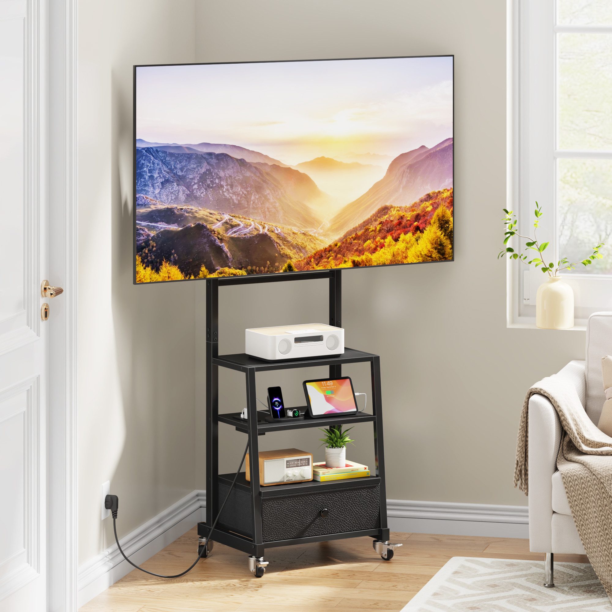 OYRREU TV-Ständer auf Rollen, höhenverstellbar, mit Halterung, Steckdose, Stoffschublade, (bis 75 Zoll, TV-Ständer auf Rollen, mit integrierter Steckdose & Stauraum, Steckdose integriert)