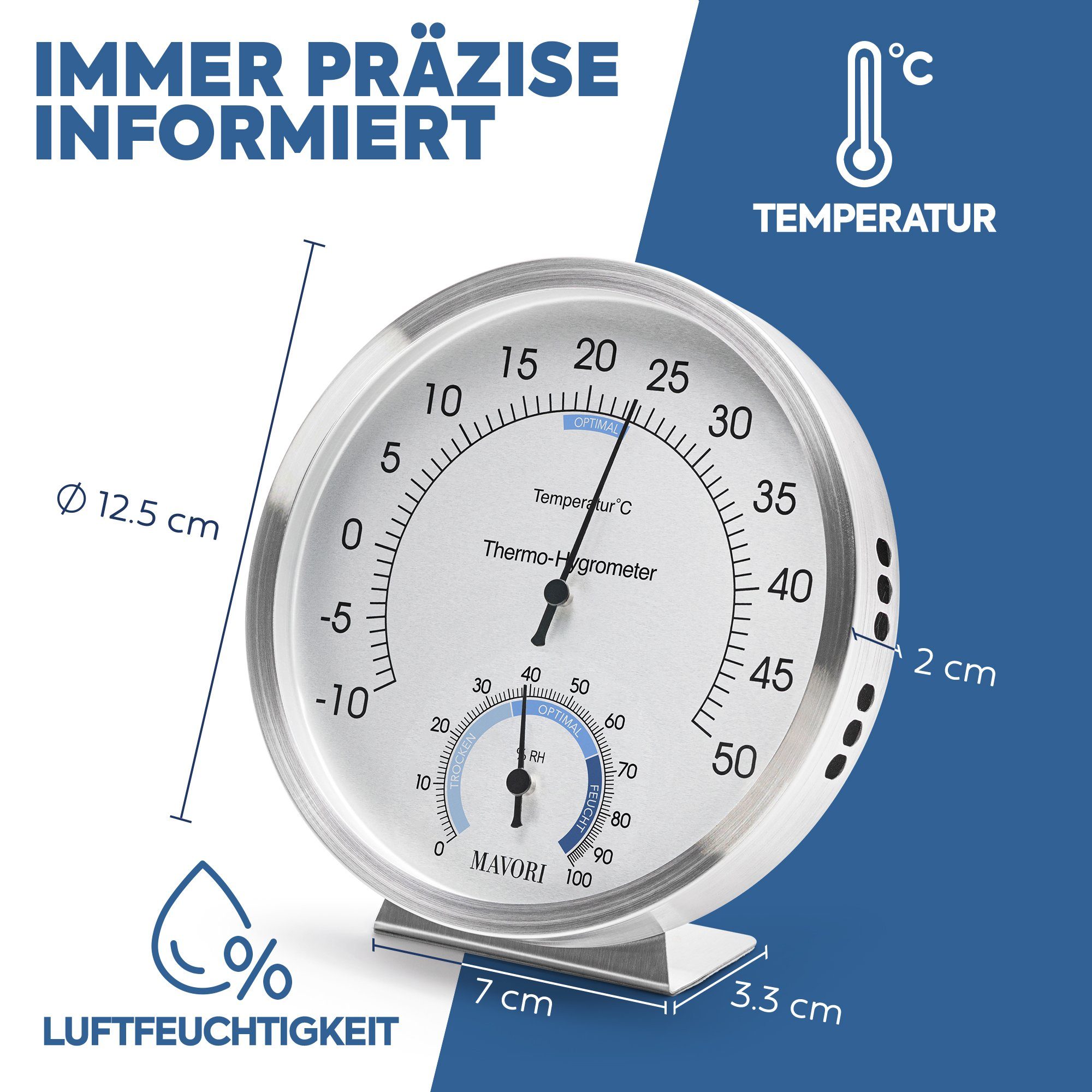 MAVORI Raumthermometer und Hygrometer analog aus Edelstahl - präzise und stilvoll - Ø 12,5cm, batteriefreier Betrieb (Bi-Metall)