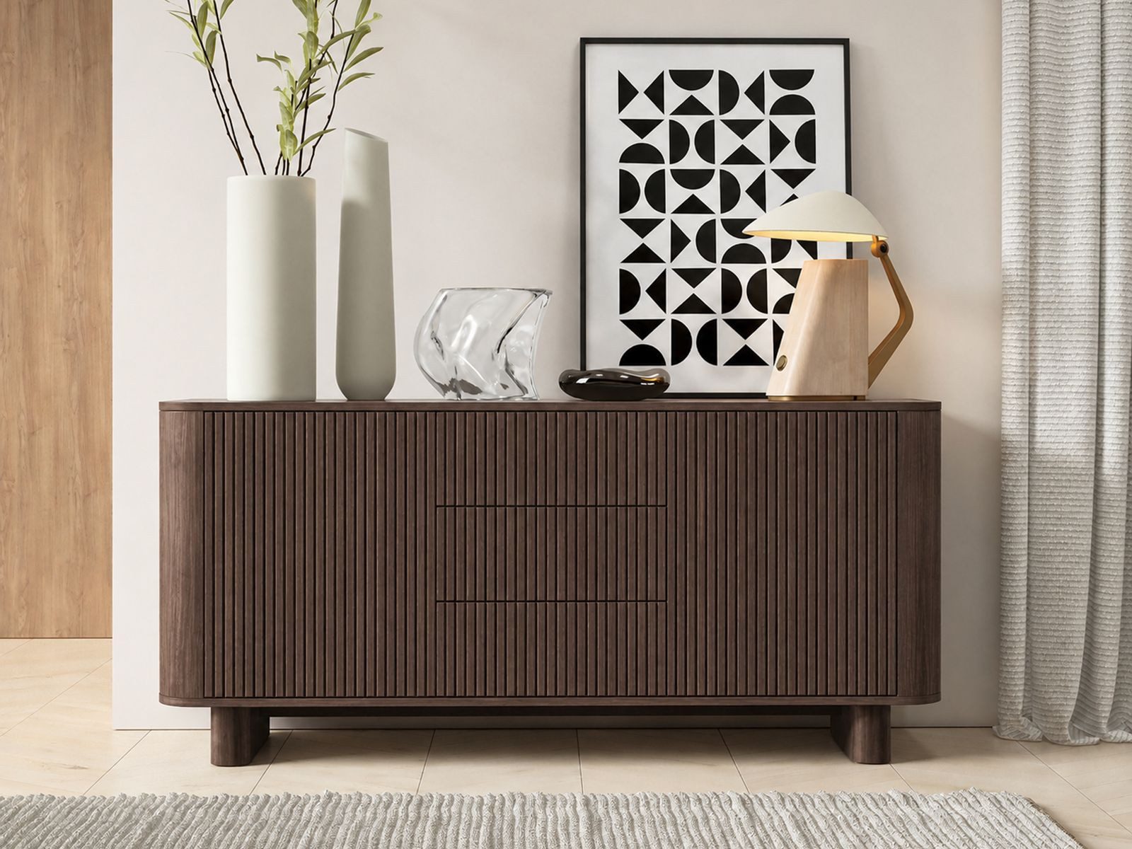 Compleo Kommode mit 3 Schubladen AKARI, Japandi Design, Nussbaum,Kaschmir, Schwarz