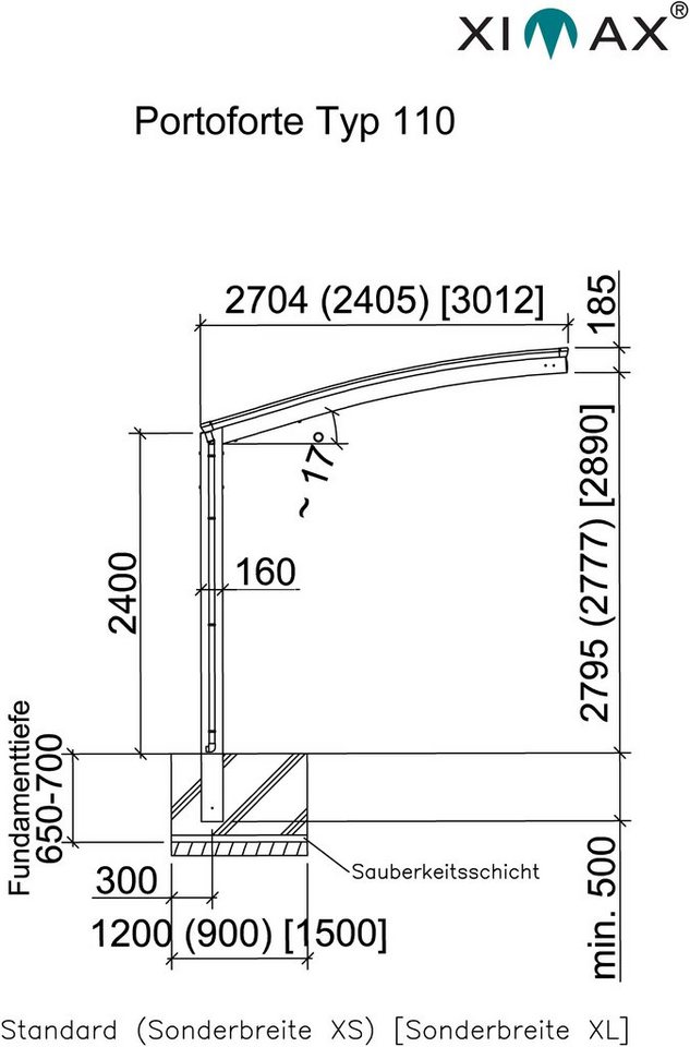 Ximax Einzelcarport Portoforte Typ 110 Sonderlänge/Breite XL-schwarz, BxT: 301x556  cm, 240 cm Einfahrtshöhe, Aluminium