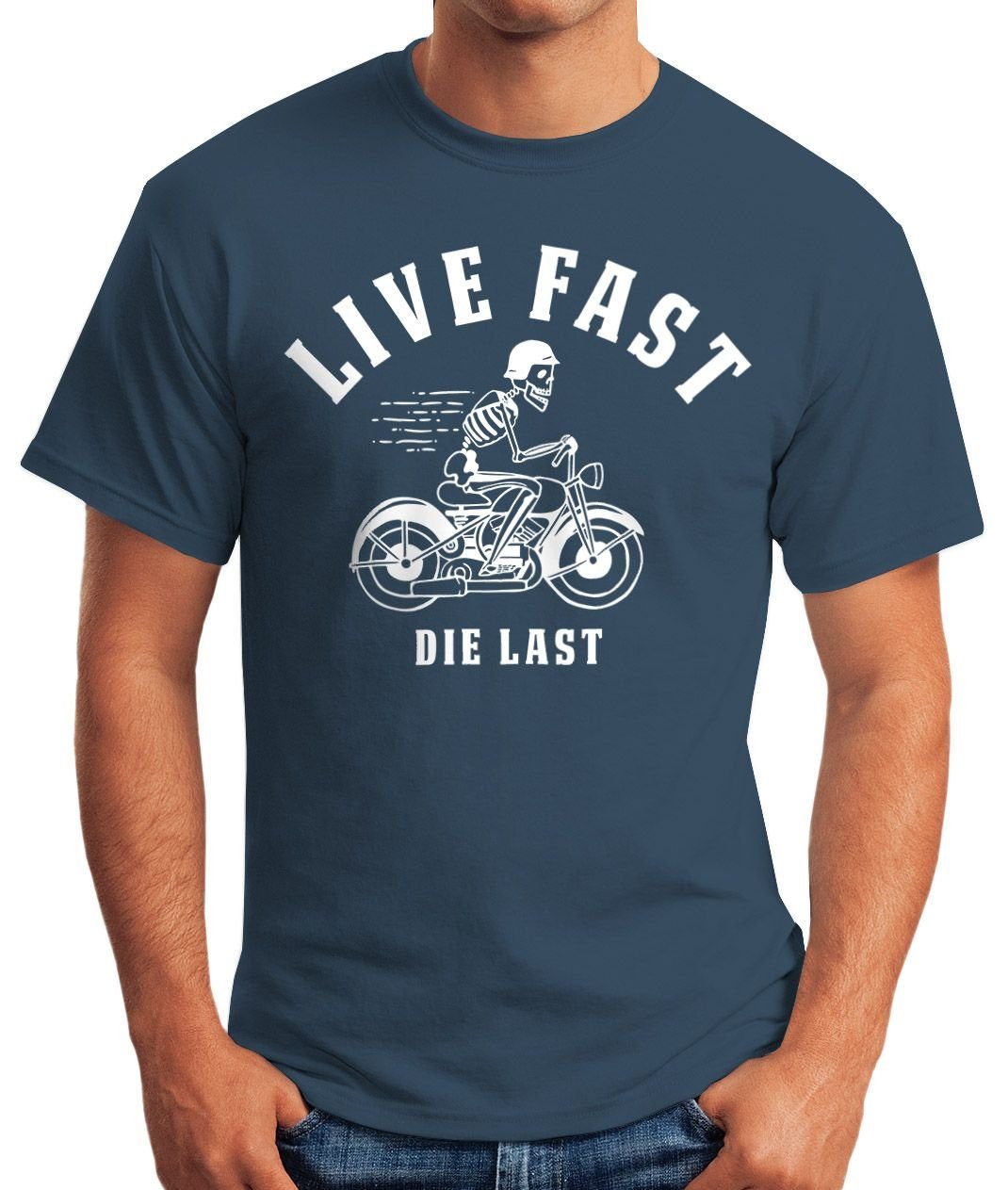 T-Shirt Herren Print Print-Shirt Moonworks® blau Fast last Fun-Shirt Spruch Fun mit Live Die MoonWorks