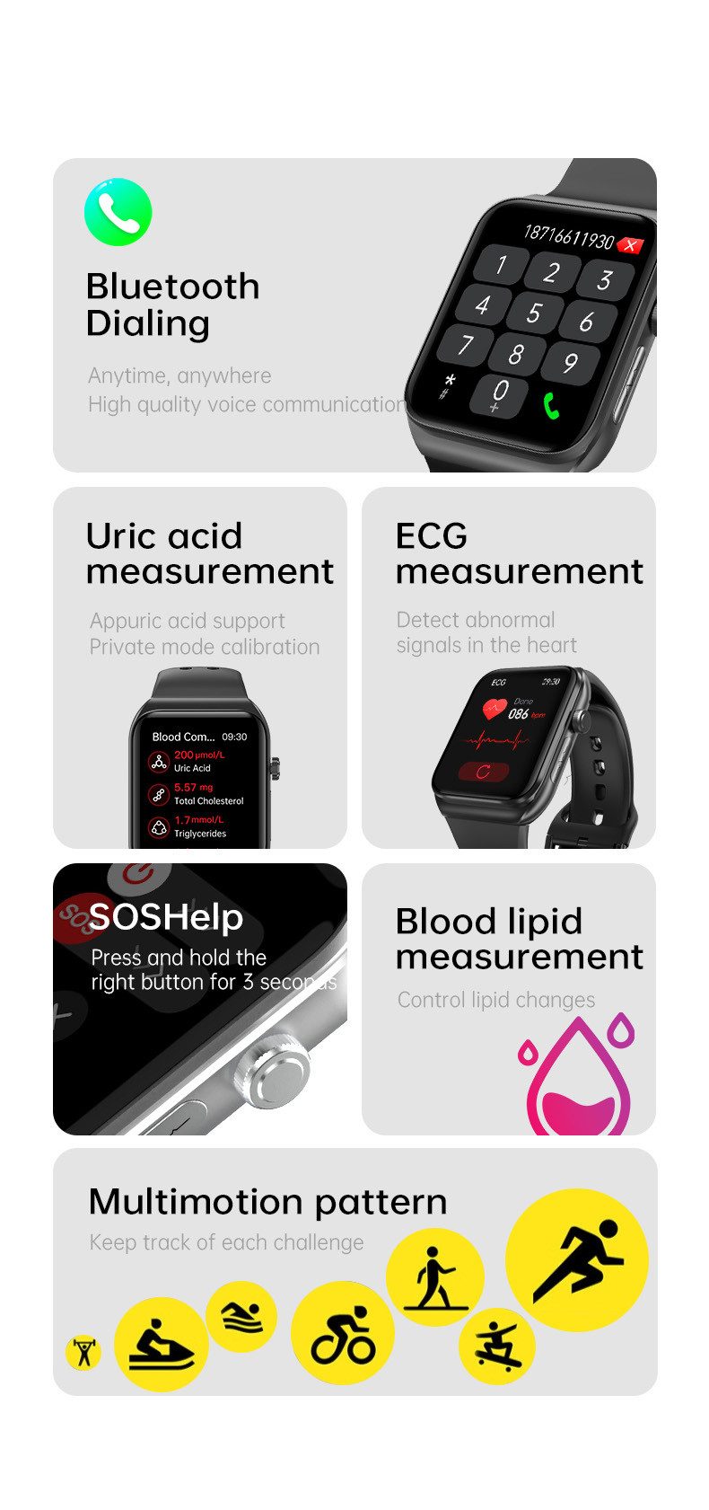 Zevelora Herren’s und Damen's IP65 Wasserdicht Fitness-Tracker Smartwatch (1.81 Zoll, Android / iOS), mit ECG Blutdruck Blutsauerstoff Schrittzähler Bluetooth-Anruffunktion
