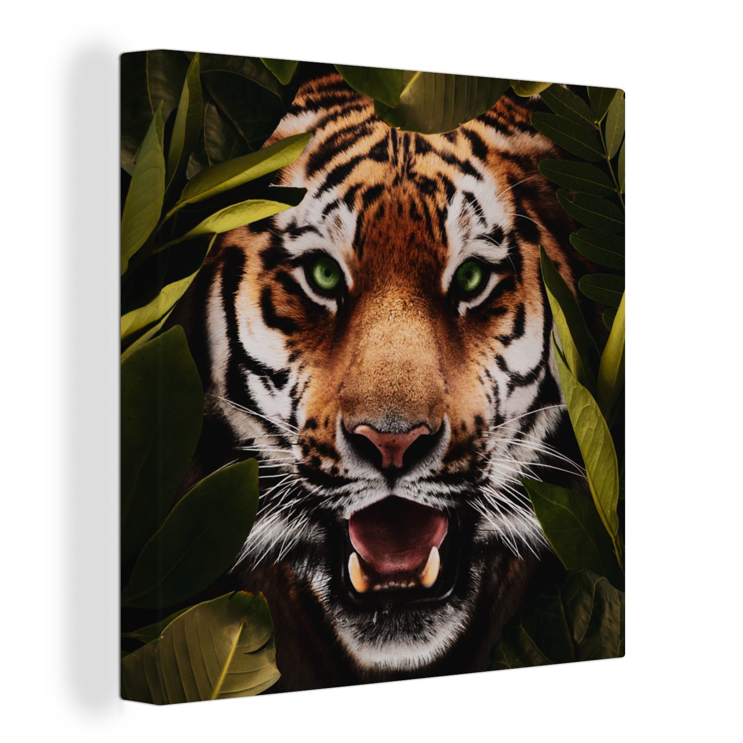 OneMillionCanvasses® Leinwandbild Tiger - Blätter - Tiere, (1 St), Leinwand Bilder für Wohnzimmer Schlafzimmer