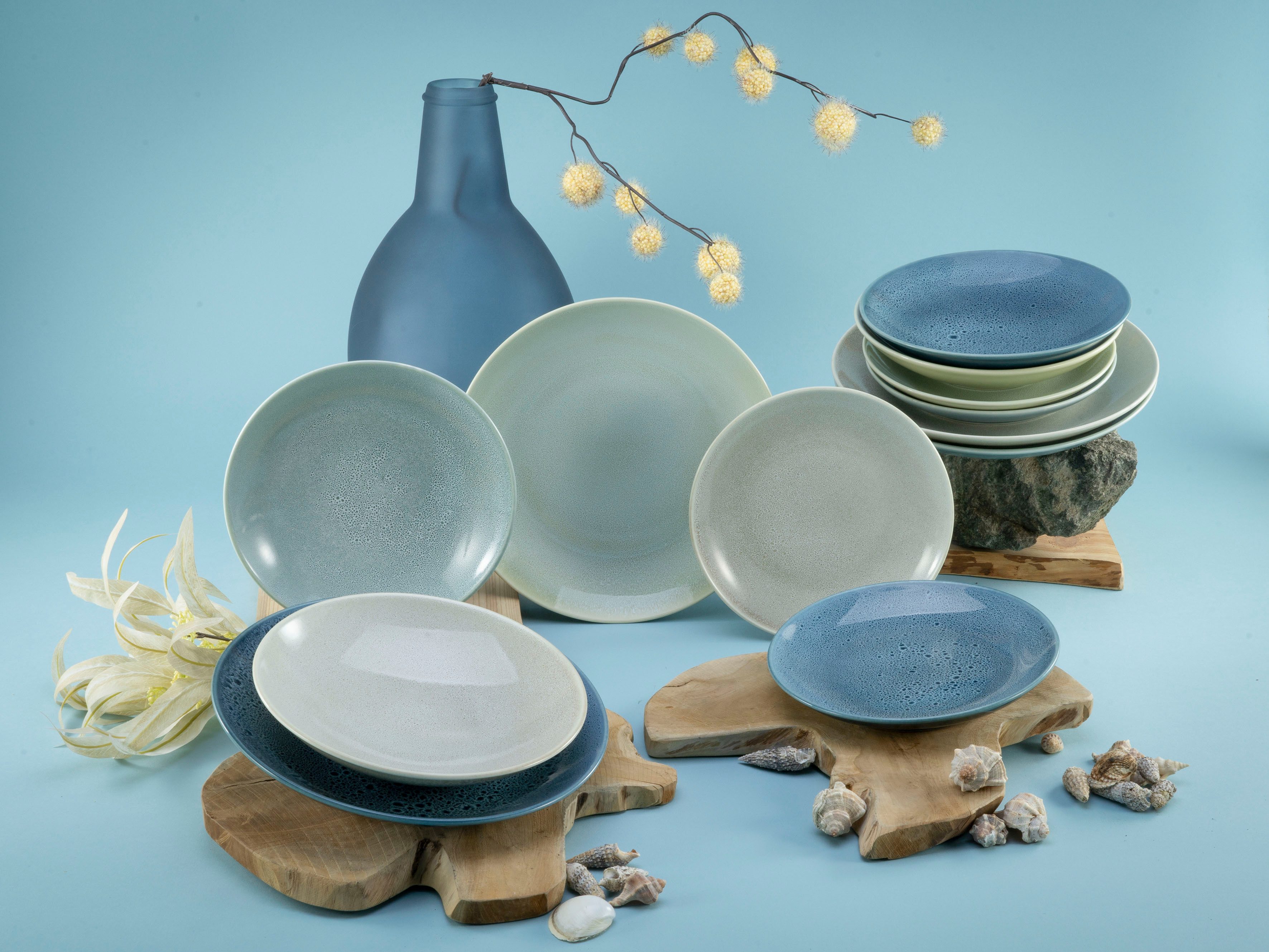 CreaTable Teller-Set Geschirr-Set Reactive (12-tlg), 4 Personen, Steinzeug, Teller Set, Service, jedes Stück ein Unikat, 12 Teile, für 4 Personen