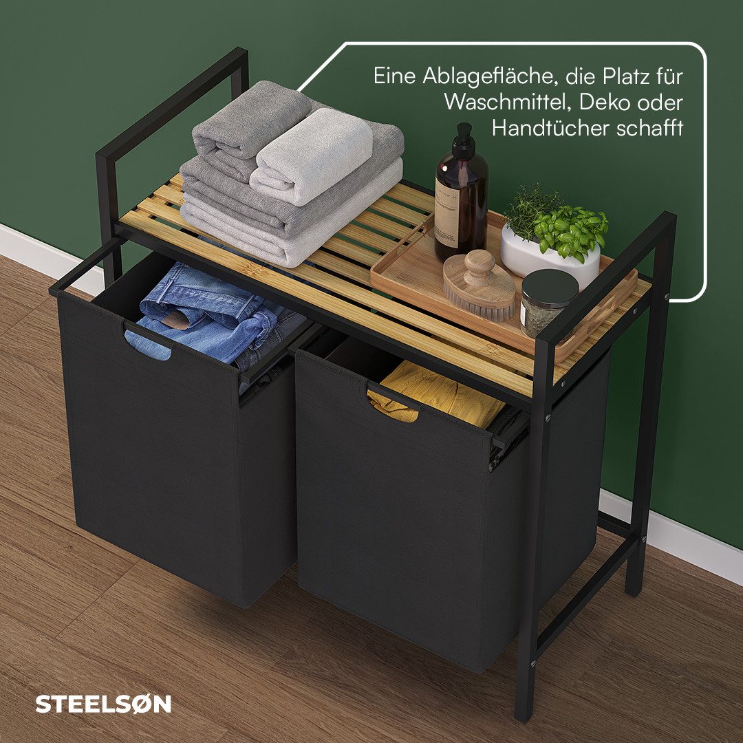 STEELSØN Wäschekorb Rigil aus Metall (2 Fächer (90 L) mit 1 Bambus-Ablage, schwarz), auch verfügbar mit 3 oder 4 Fächern, ausziehbar & abnehmbar – Bild 4 von 5