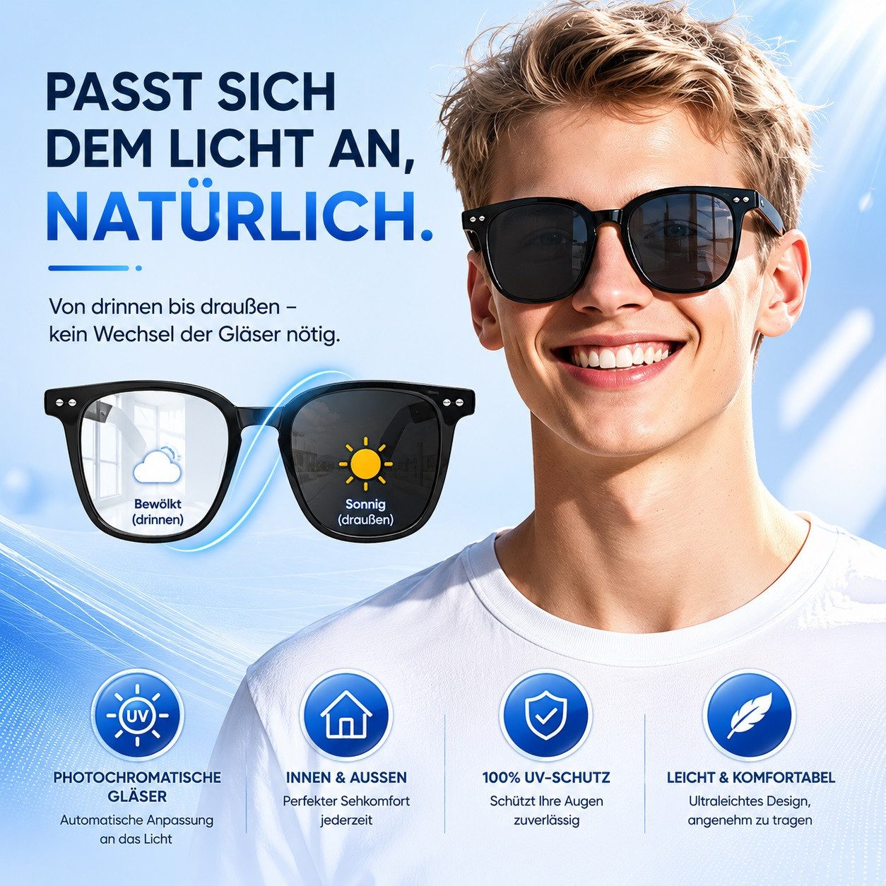 MOPUEA Sonnenbrille Smart Audio Brille Bluetooth 5.4 (Audio Brille Mit Open Ear Wiedergabe, 1-St., Leichtes Komfortdesign Für Alltag Und Outdoor) Touch Steuerung Automatische Lichtanpassung Freihandfunktion