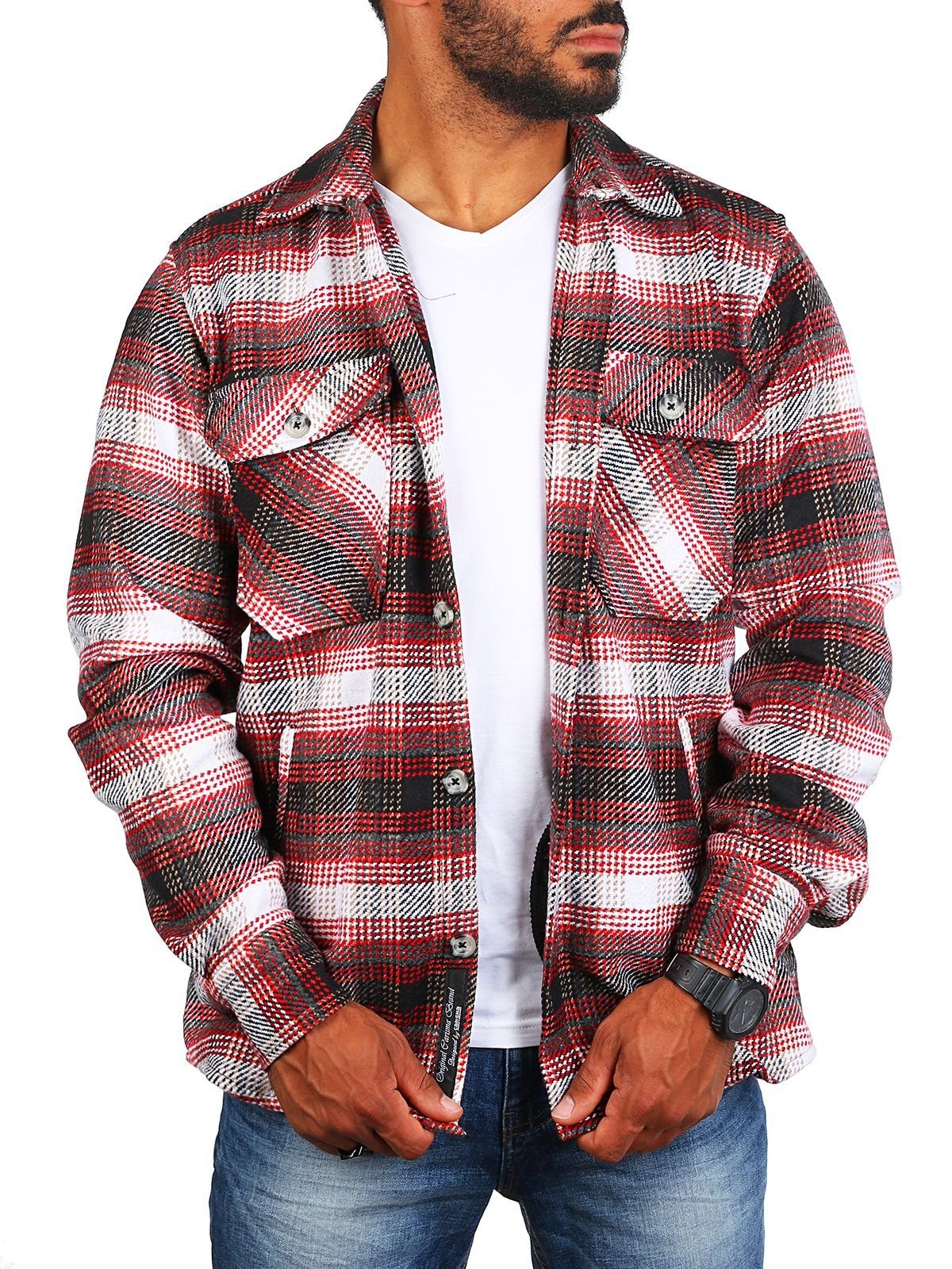Hemd Jacke Schwarz Rot Kariert CARISMA Langarmhemd Herren Flanell