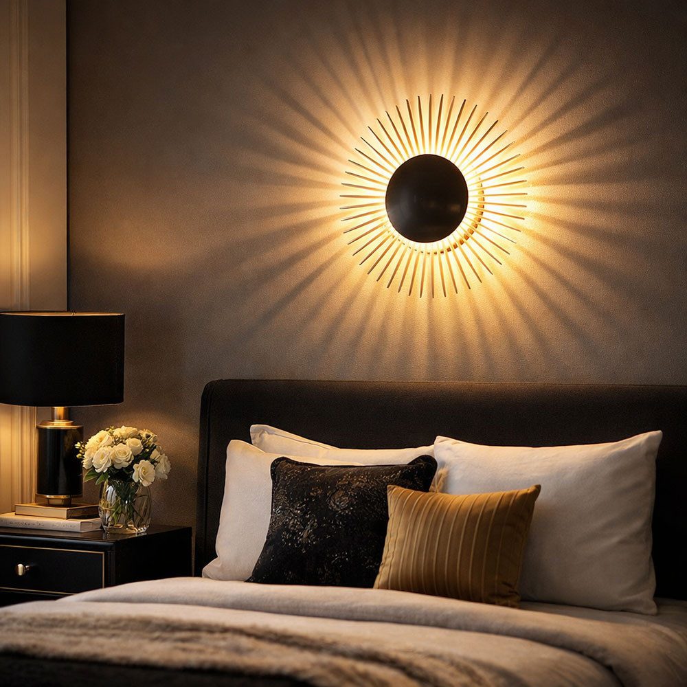 FISCHER & HONSEL LED Wandleuchte, LED-Leuchtmittel fest verbaut, Warmweiß, Wandleuchte LED Wohnzimmerlampe Sonne Blattgold schwarz Flurleuchte