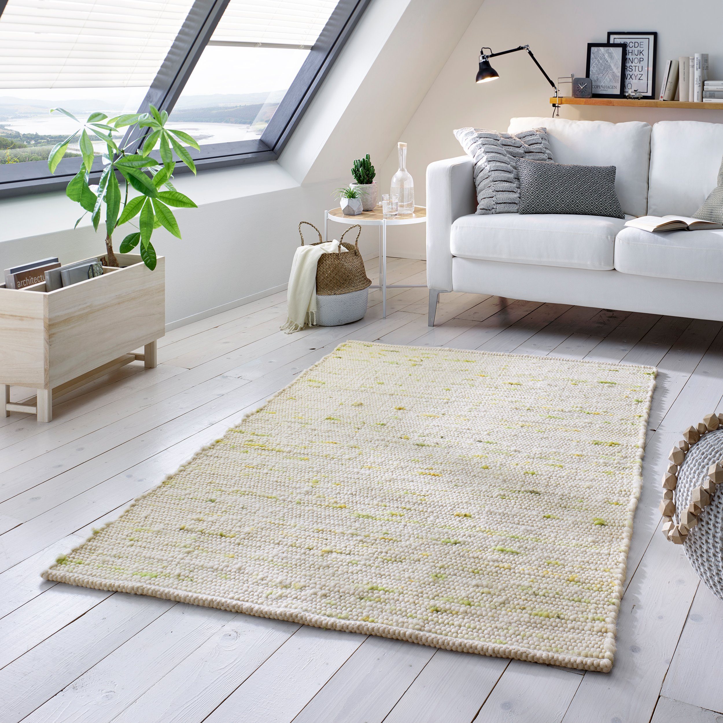 Wollteppich Hand-Webteppich, TaCa Home, rechteckig, Höhe: 10 mm, nachhaltige Schurwolle meliert Wohnzimmer Schlafzimmer 060x090cm grün meliert