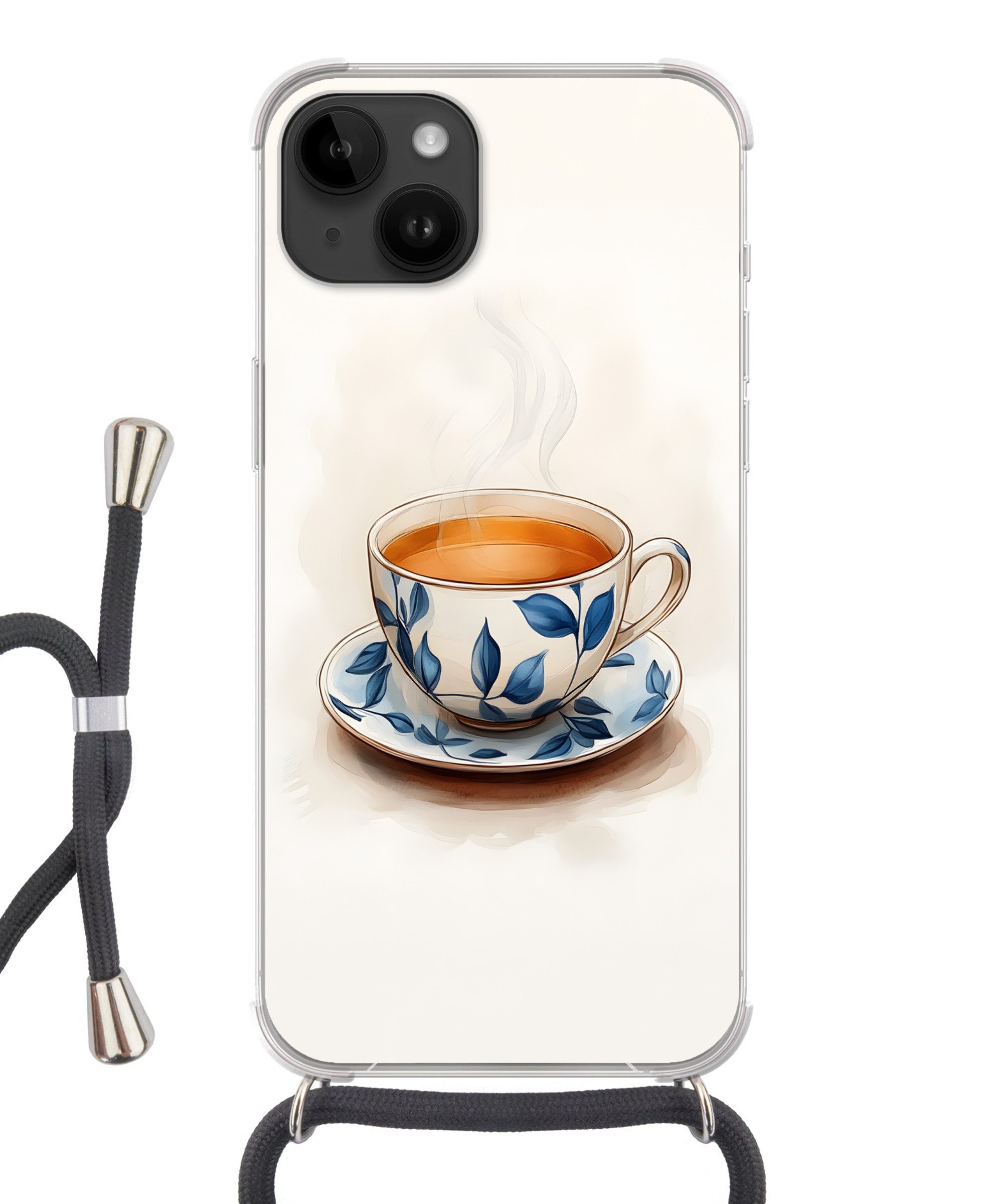 MuchoWow Handyhülle für Apple iPhone 14 Teetasse - Blätter - Blau, Tragbare Handyhüllen mit Kette zum umhängen, Handykette Handyband