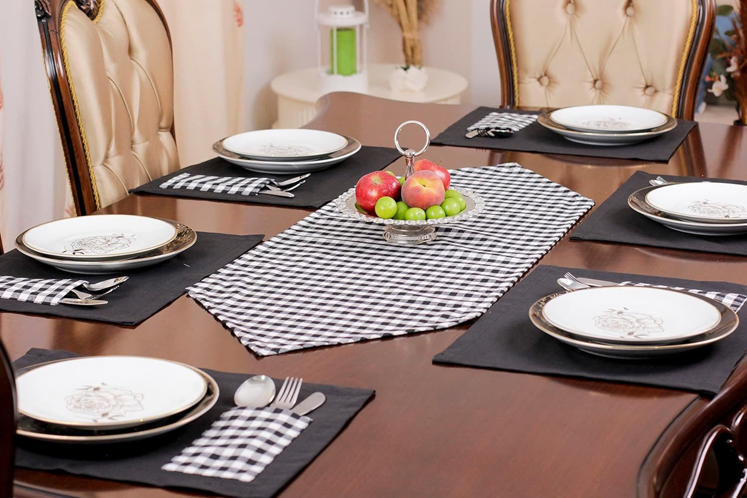 Ekershop Tischläufer und 6 Platz-Matten Set Tischset Platzset Platzdecken Schwarz Kariert (Kariert)