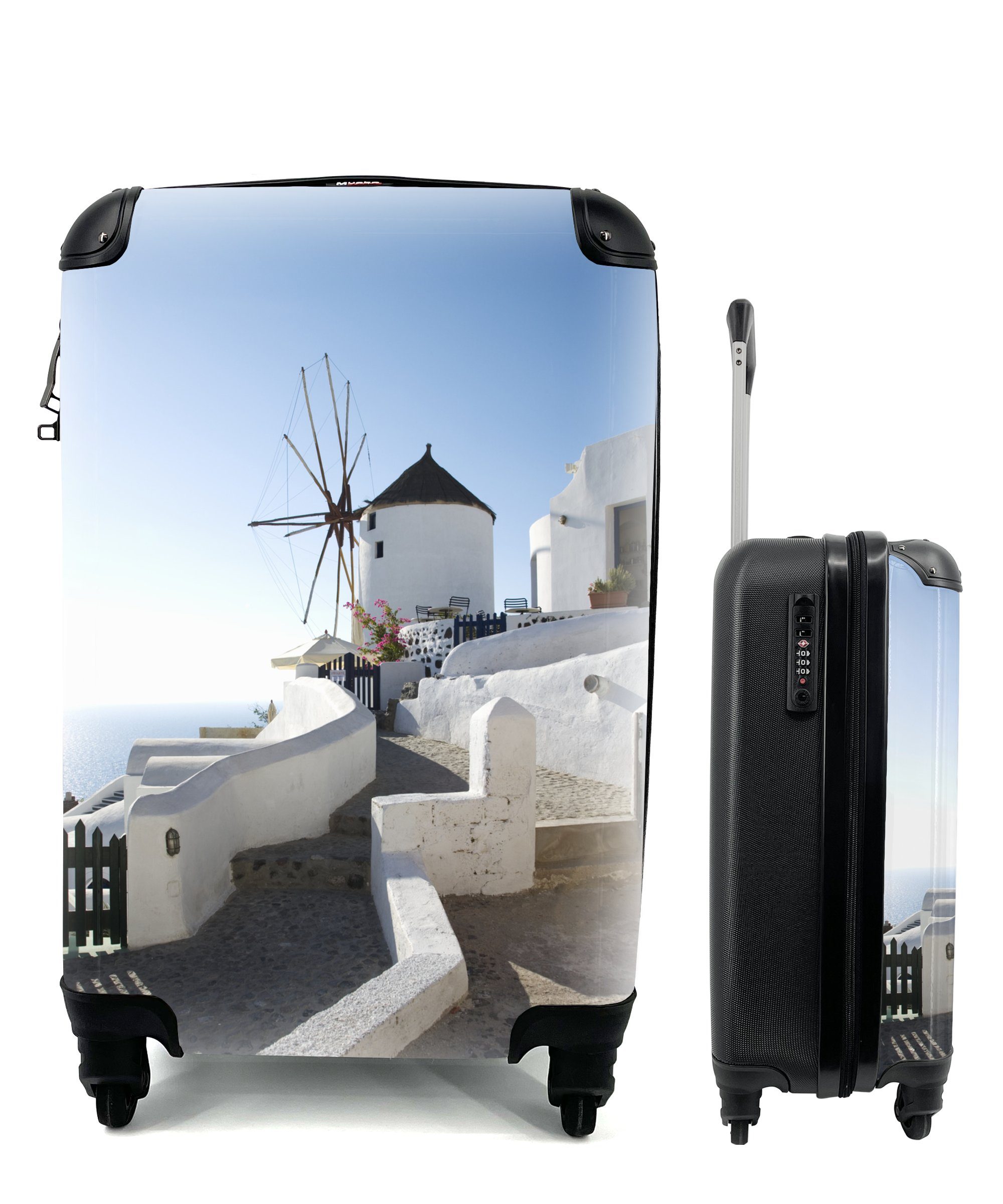 MuchoWow Handgepäckkoffer Windmühle auf Santorin in Griechenland, 4 Rollen, Reisetasche mit rollen, Handgepäck für Ferien, Trolley, Reisekoffer