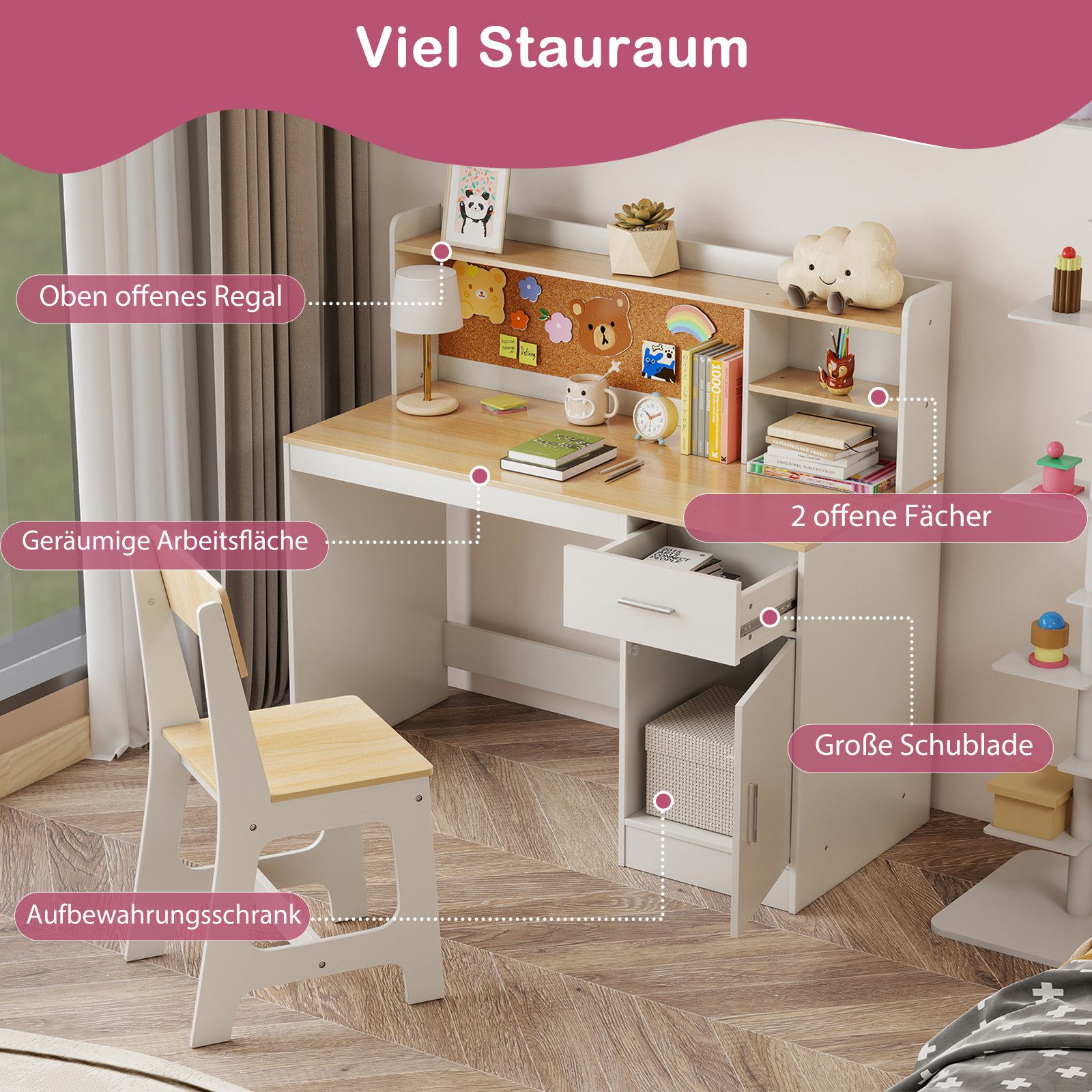 COSTWAY Kinderschreibtisch (2-St), mit Stuhl Set, mit Schubladen, ab 3 Jahr günstig online kaufen