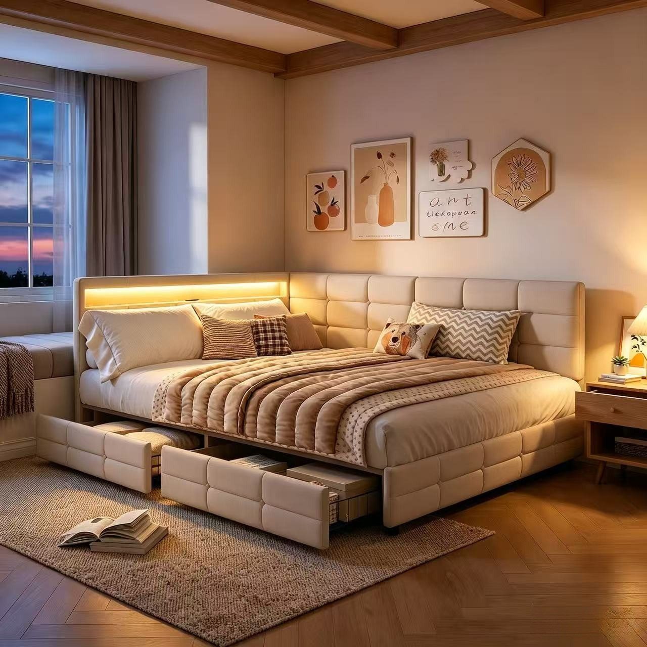 Gdood Polsterbett Doppelbett Daybett Tagesbett LED (Mit Steckdose & USB & TYPE-C, Hydraulisch hebbarer Stauraum, Geeignet für Jungen und Mädchen), Schlafsofa, Mit LED-Beleuchtung, Ladefunktion, Leinen, 140x200 cm