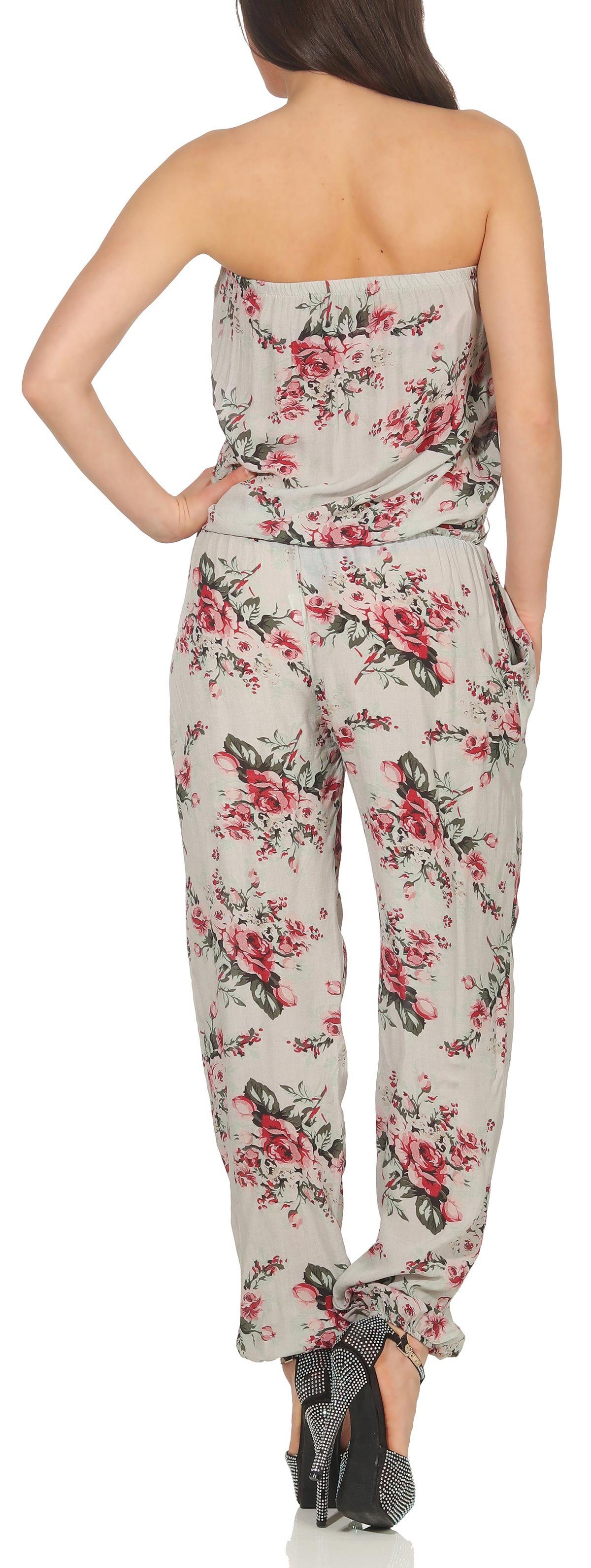 malito more than fashion Jumpsuit malito Damen Einteiler geblümt, Overall mit Stoffgürtel, Jumpsuit mit Stoffgürtel Einheitsgröße