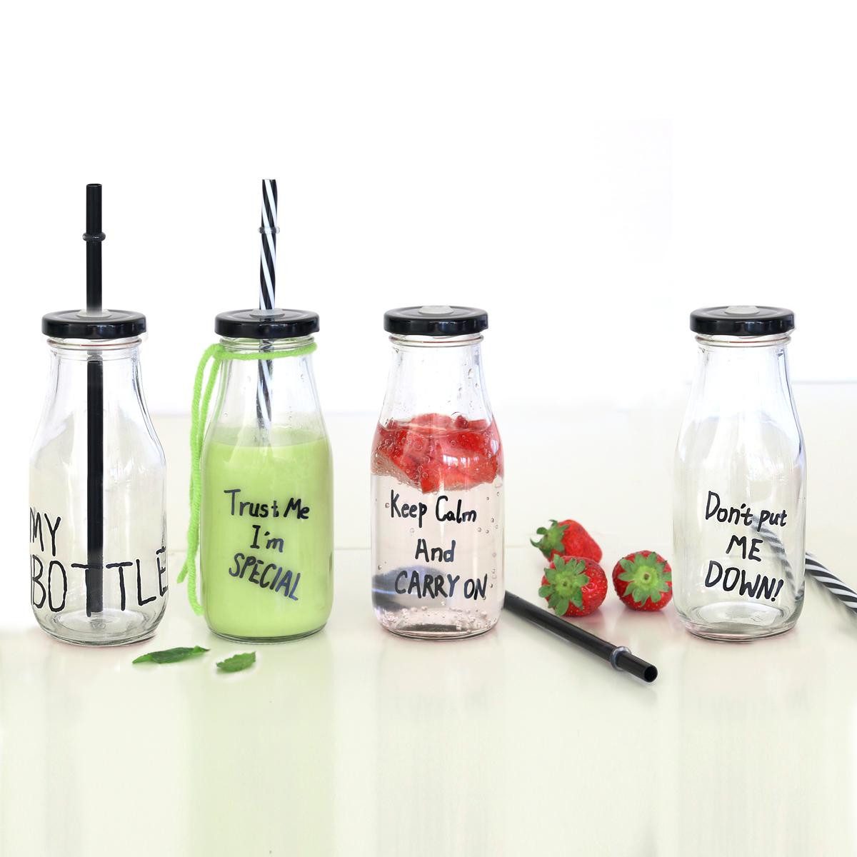 Z-One Trinkflasche 440s Glas Trinkflaschen 4er Set mit Verschluß und Trinkhalm – Bild 4 von 4