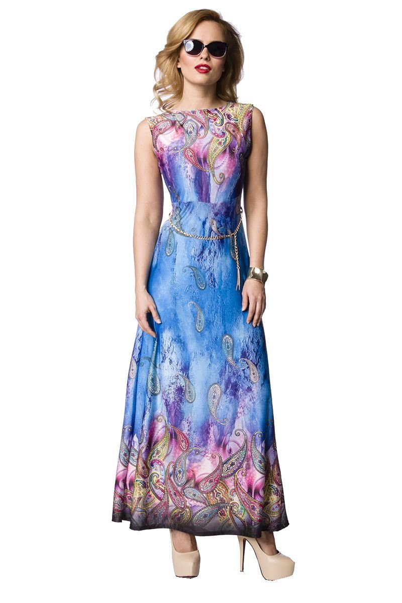 Sommerkleid Maxikleid Strandkleid langes Kleid Sommerkleid mit Gürtelkette geblümt blau/gemustert