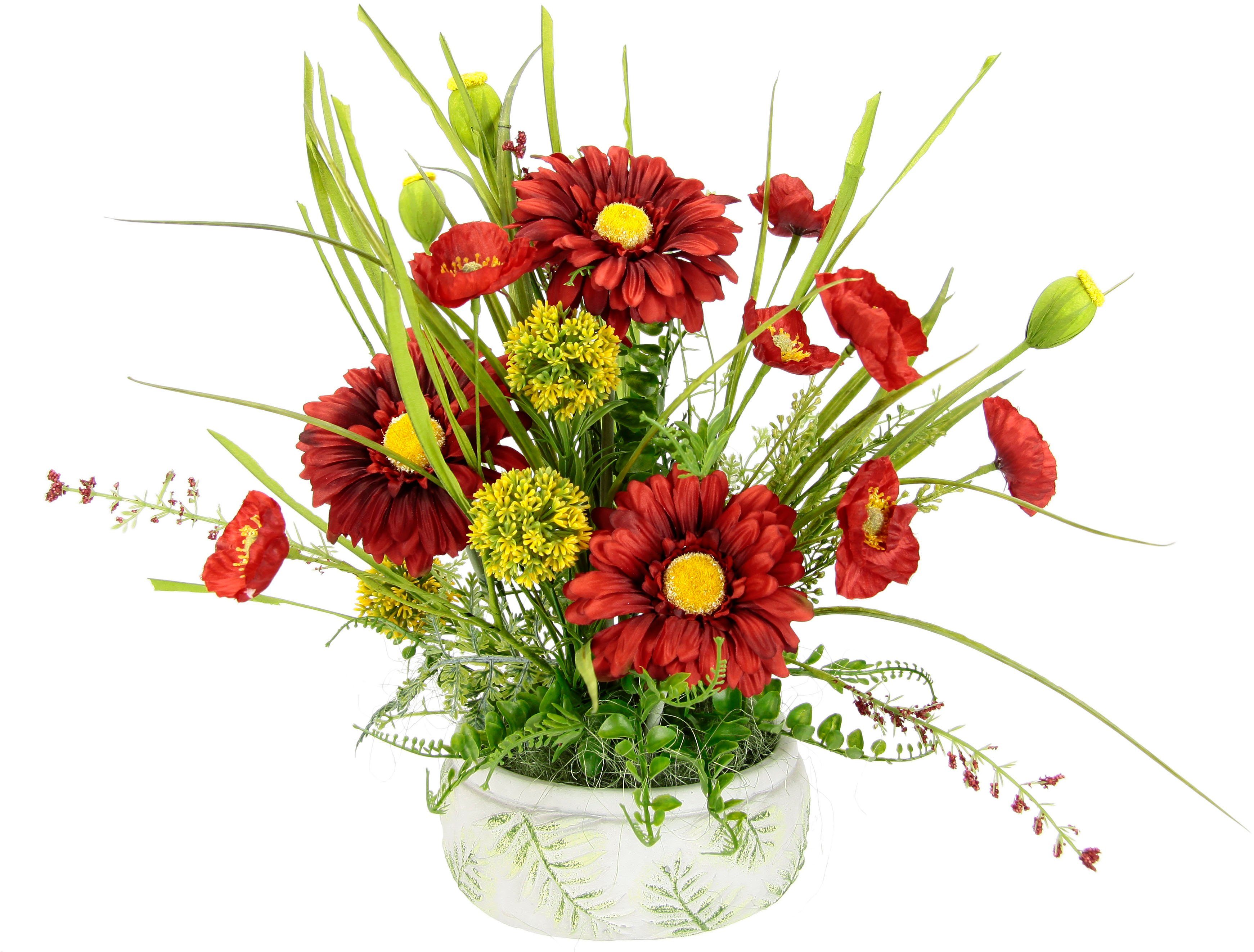 Kunstblume Blumenarrangement aus Gerbera und Mohnblumen in Schale aus Keram günstig online kaufen