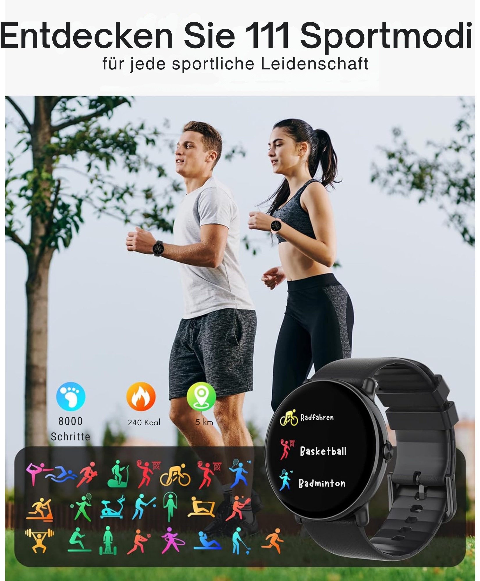 Vivitar Damen & Herren – Fitnessuhr mit Bluetooth-Telefonie, AMOLED-Display Smartwatch 25 Tage Standby, kompatibel mit iOS und Android, Schnellladefunktion, Zyklusverfolgung, Musiksteuerung, über 290 Zifferblätter, 260-mAh-Akku, 111 Sportmodi, IP68-Wasserschutz, Herzfrequenz- und Schlafüberwachung