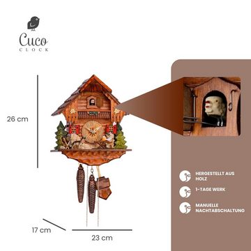 Cuco Clock Pendelwanduhr Kuckucksuhr Schwarzwalduhr "Biertrinker mit Hund" Wanduhr aus Holz (17 x 23 x 26cm, 1 - Tage Werk, manuelle Nachtabschaltung)