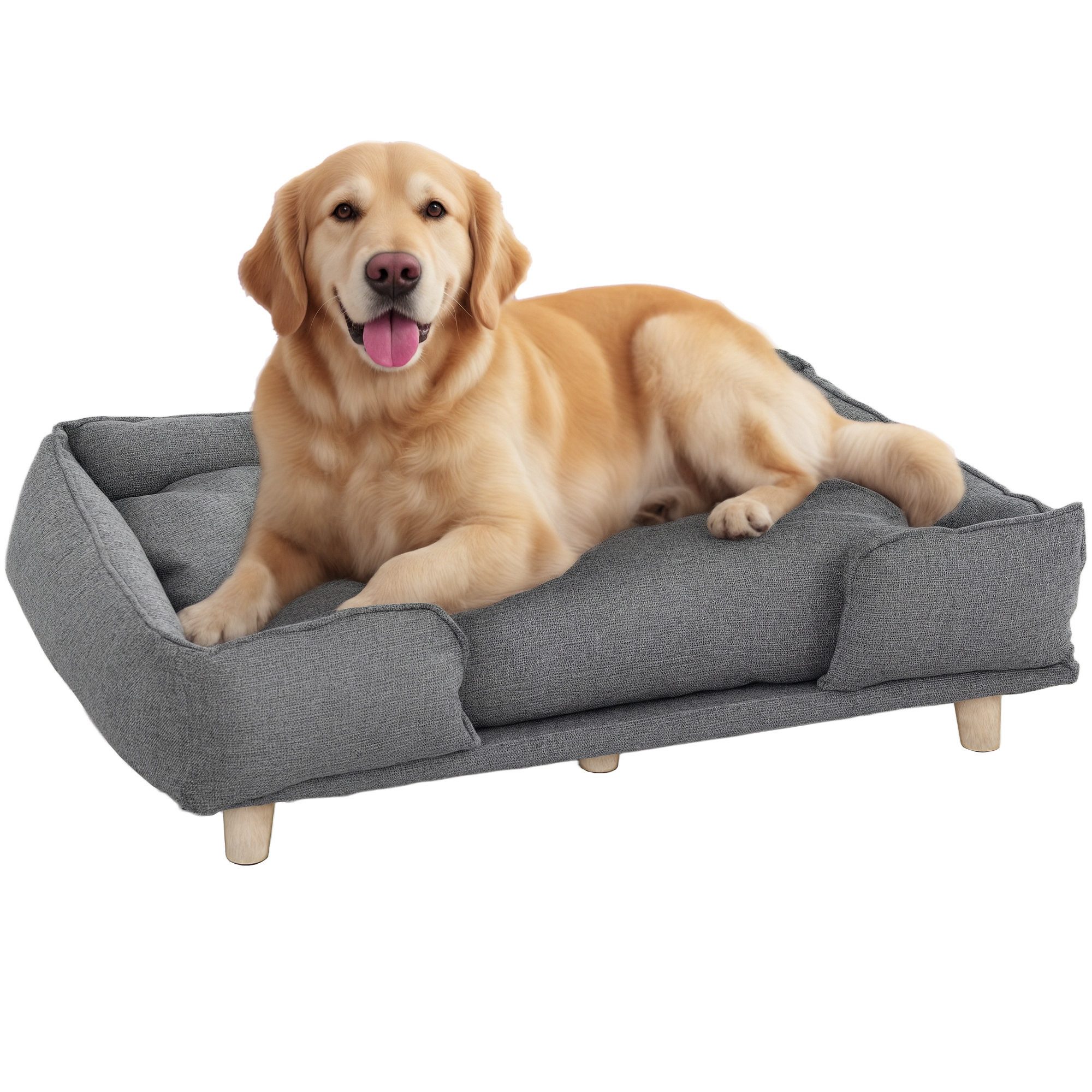 PawHut Tierbett für große Hunde unter 30 kg, Holzbeine, Polyester, mit abnehmbarem Sitzkissen, Dunkelgrau