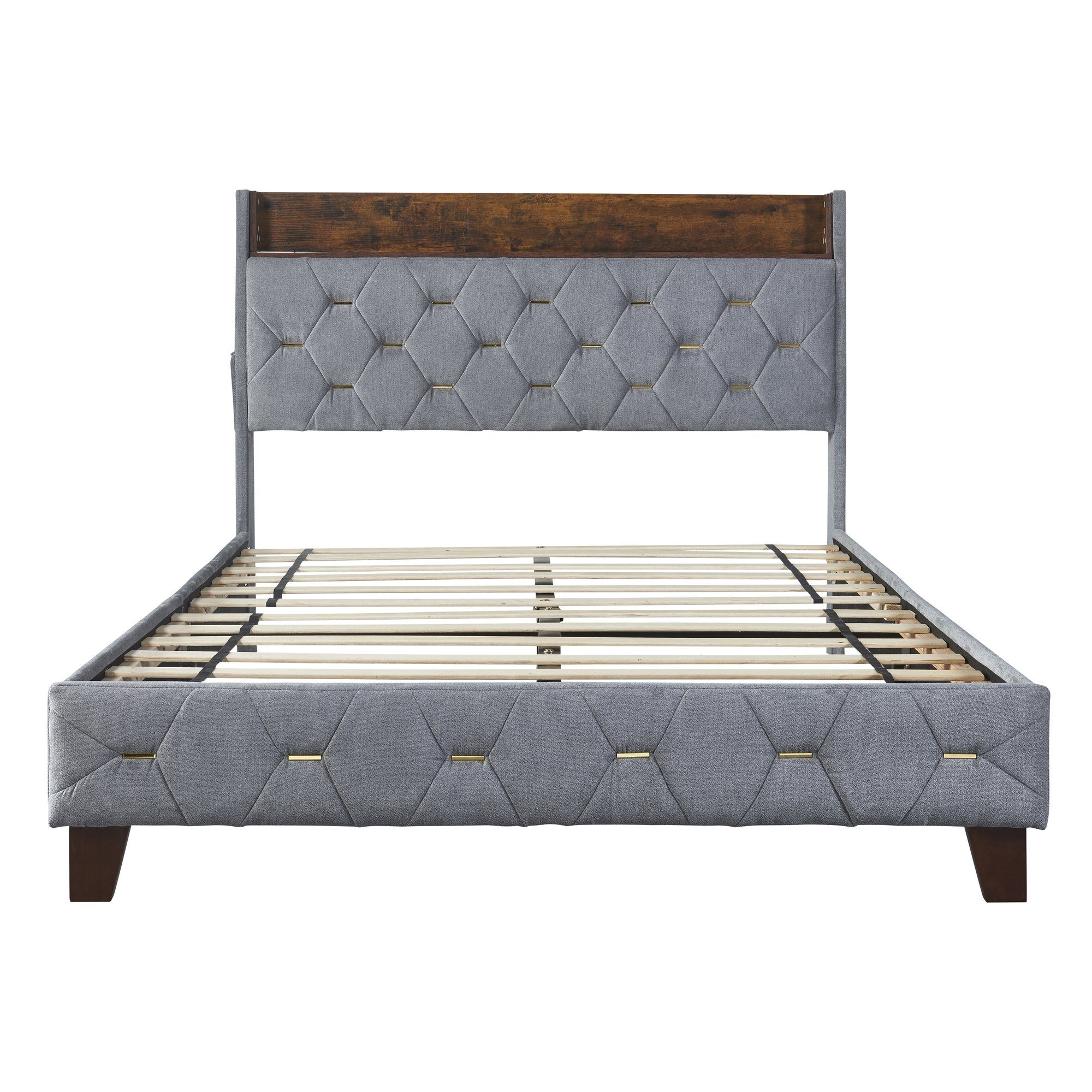 Polsterbett (Doppelbett 140x200cm mit Lattenrost), mit Stauraum am Kopfteil und USB-Anschluss, Bezug aus Samt