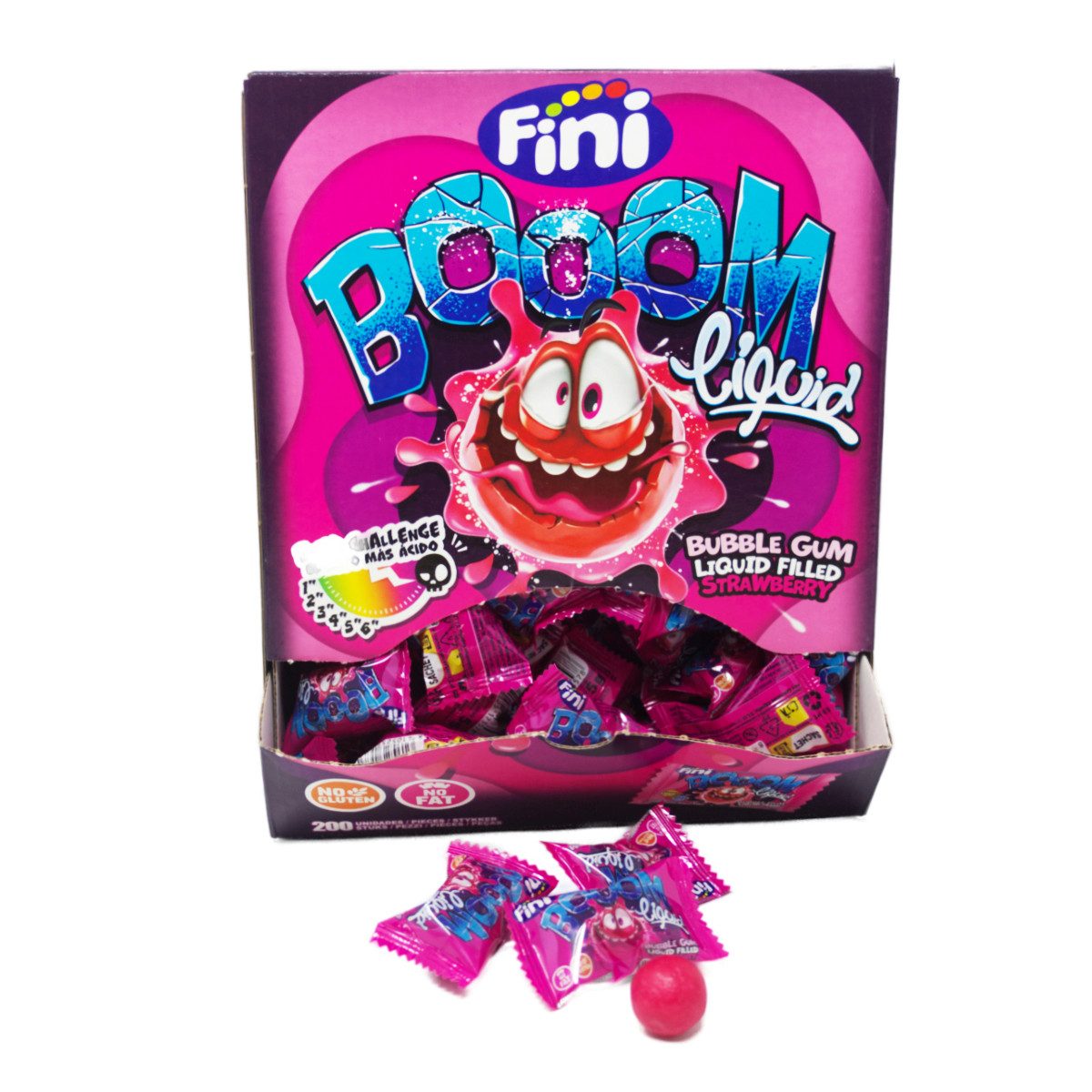 Fini Süßigkeit, Fini Boom Lipuid Gum Strawberry Erdbeerkaugummi 200 Stück Display