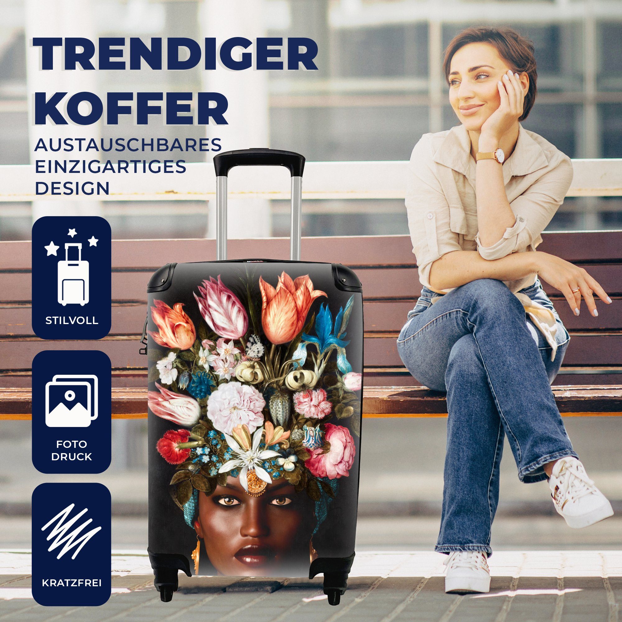 Ferien, - Reisetasche - Rollen, für Handgepäck Frau Bunt, MuchoWow 4 Blumen Reisekoffer Trolley, rollen, mit Handgepäckkoffer