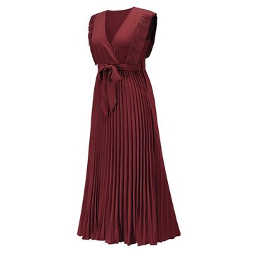 B.X Sommerkleid Damen ärmellos Midikleid Freizeit Strandkleid Abendkleid Partykleid V-Ausschnitt hohe Taille Faltenrock Slim-Fit einfarbig Cocktailkleid