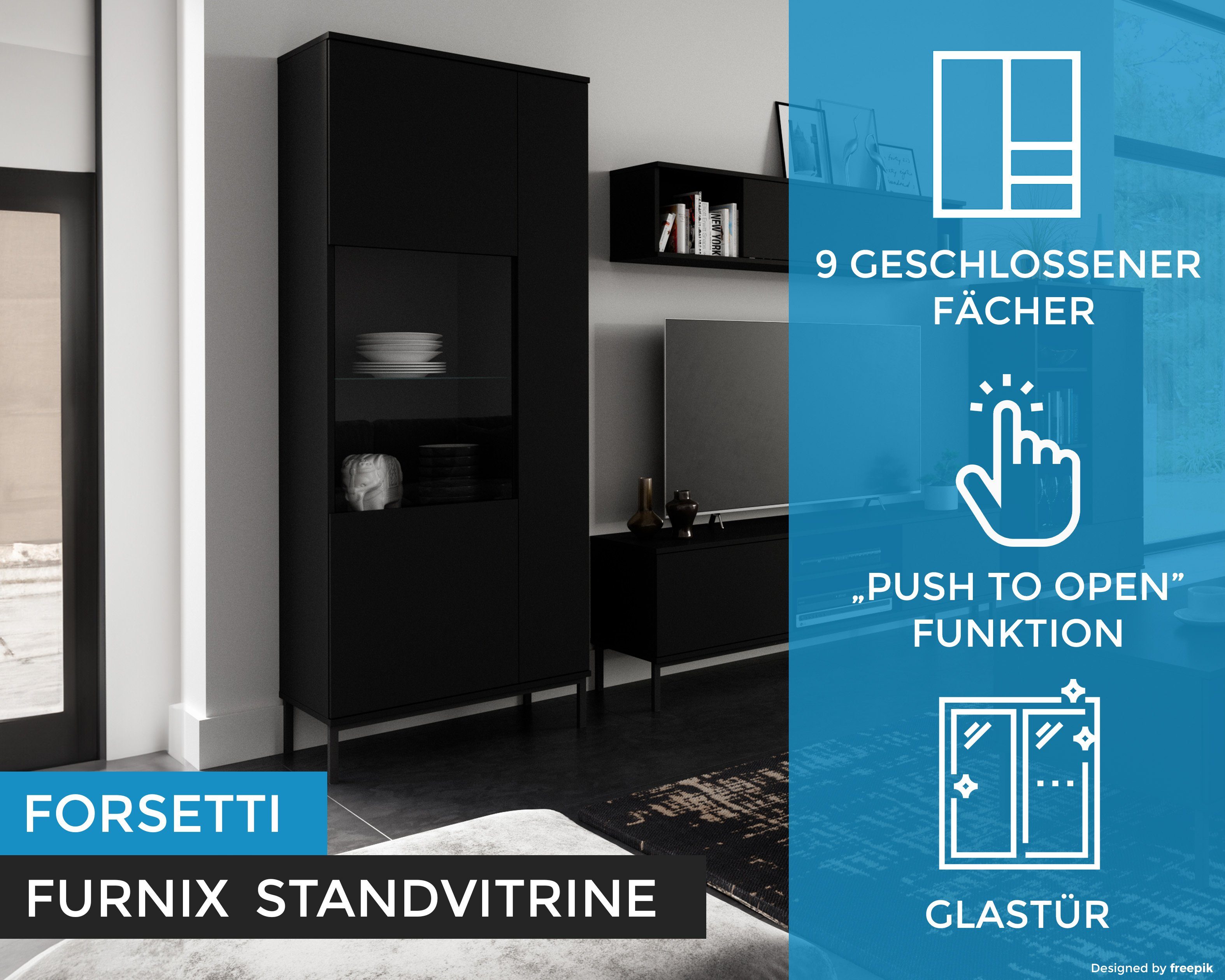 Furnix T41 Glastür mit Funktion, B70 cm FORSETTI Schwarz matt Glasvitrine Hochvitrine mit H190 Push-to-Open x Standvitrine Metallgestell, x WIT70