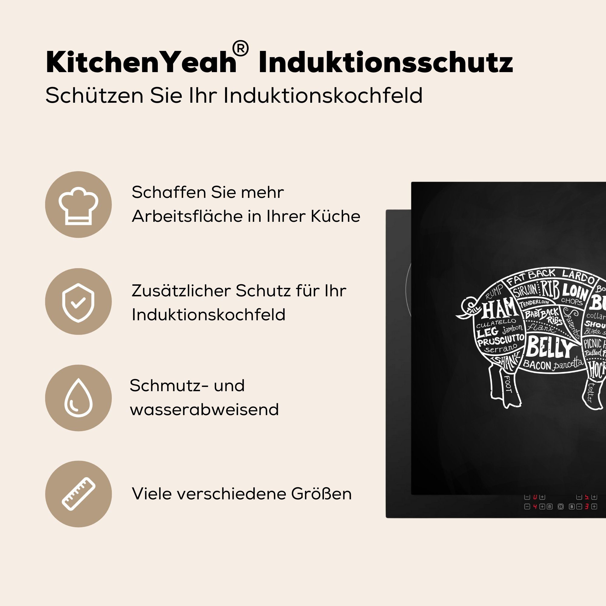 MuchoWow Herdblende-/Abdeckplatte Küche - Schwein cm, Vinyl, tlg), - Ceranfeldabdeckung, Fleisch, für (1 küche Arbeitsplatte 78x78