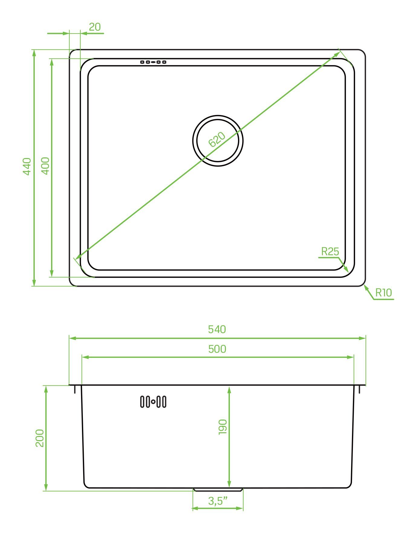 Siphon Küchenspüle Graphit Rechteckig, KOLMAN GRATIS cm, 44/54 Spülbecken, Space Einzelbecken Saving Stahl ADEN