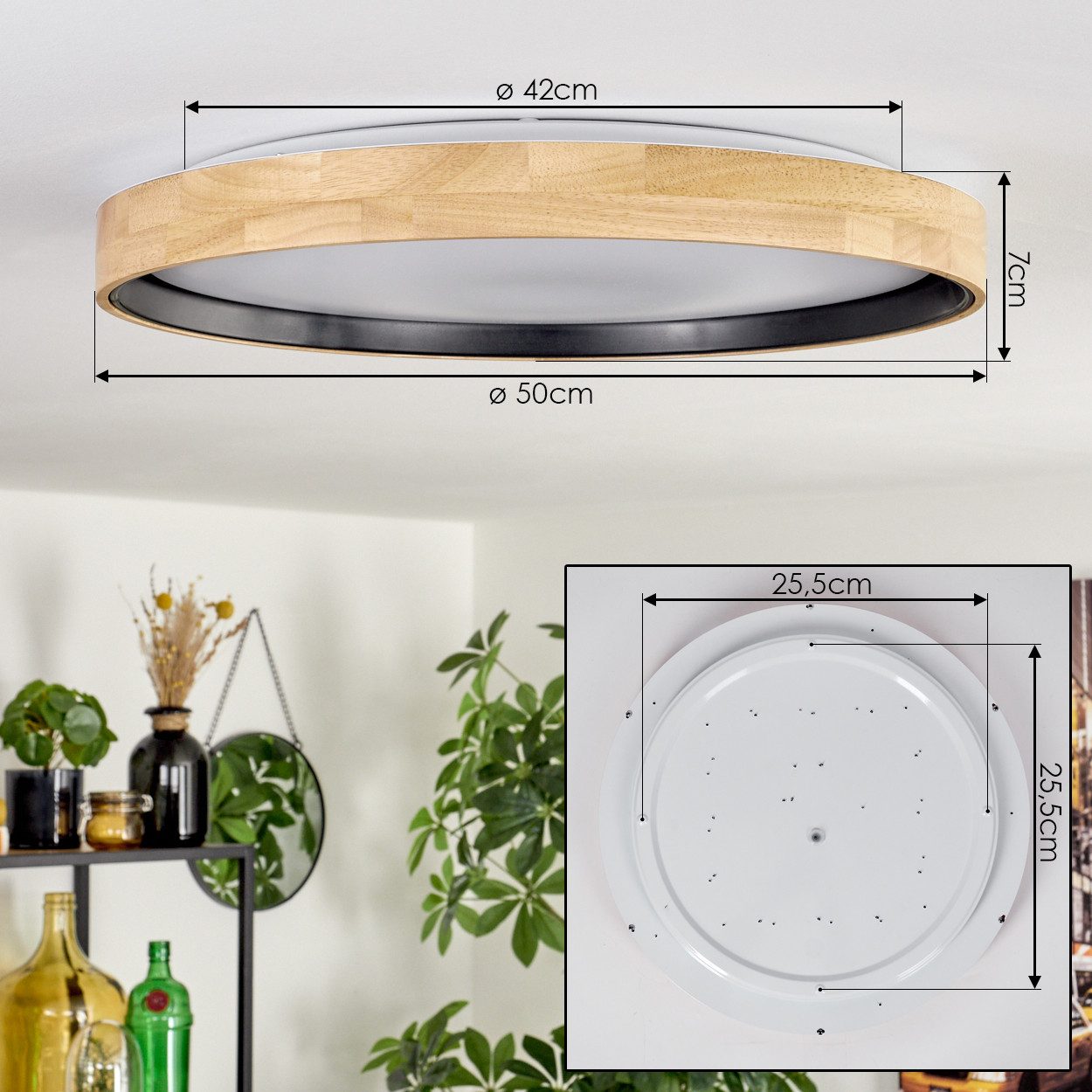 hofstein Deckenleuchte Deckenlampe aus Holz/Metall/Kunststoff in Natur/farbenWeiß, LED wechselbar, 3000 Kelvin, im skandinavisch/modernen Design mit rundem Schi – Bild 4 von 5