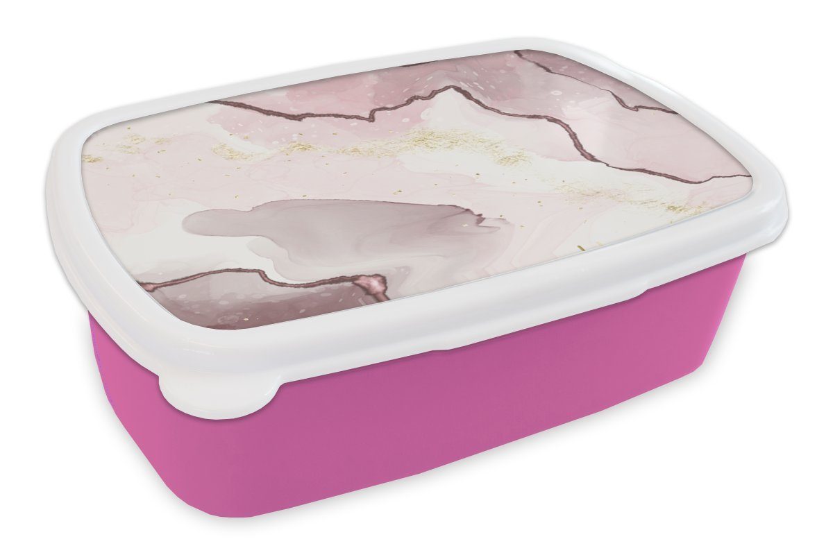MuchoWow Lunchbox Marmor - Rosa - Gelb, Kunststoff, (2-tlg), Brotbox für Erwachsene, Brotdose Kinder, Snackbox, Mädchen, Kunststoff