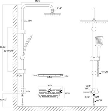 Florenta Duschsystem Duschset Schwarz Duschstange Regendusche, Verstellbar 30-80cm Duschkopf 30 * 20cm