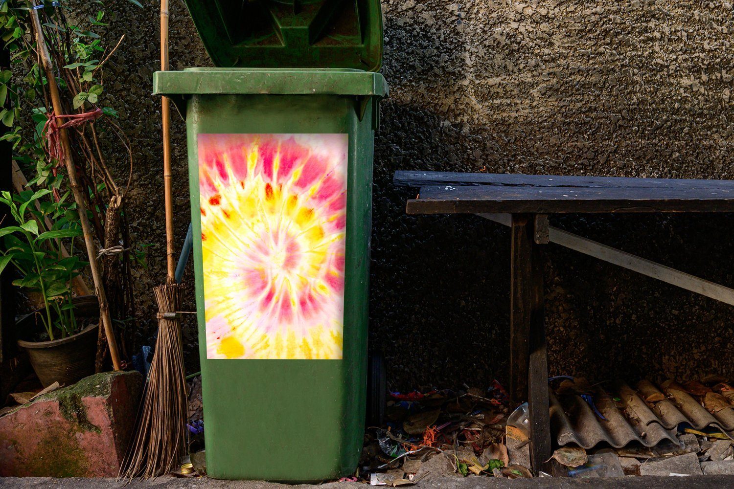Rosa Mülleimer-aufkleber, Sticker, - Abfalbehälter Wandsticker St), (1 Mülltonne, MuchoWow Container, Rot Krawattenfärbung -