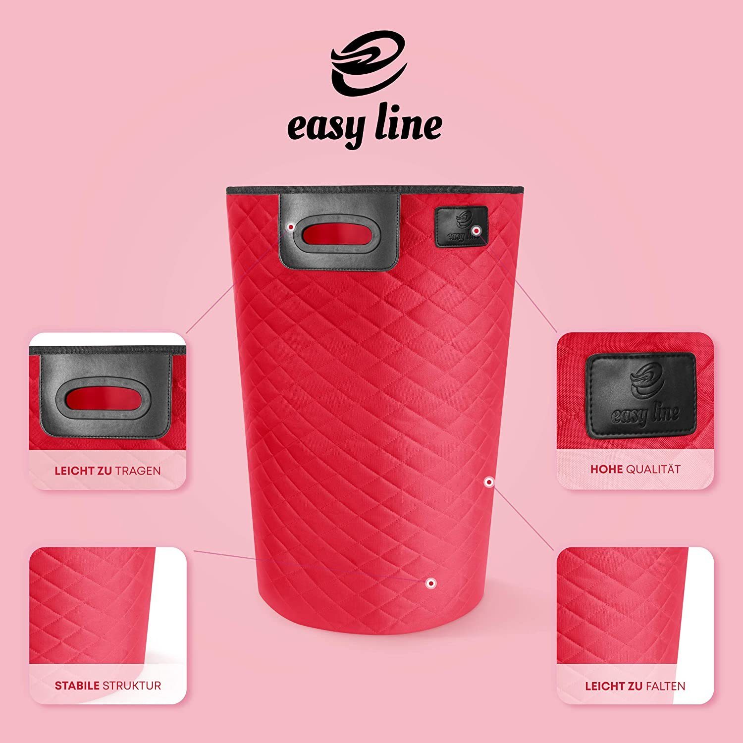 Easy line® Wäschekorb Faltbarer Rot 35cm 60cm mit XXL Wäschesack, Liter, ideale Faltbar, der Aufbewahrungskorb Wäschesortierer, 65 35cm