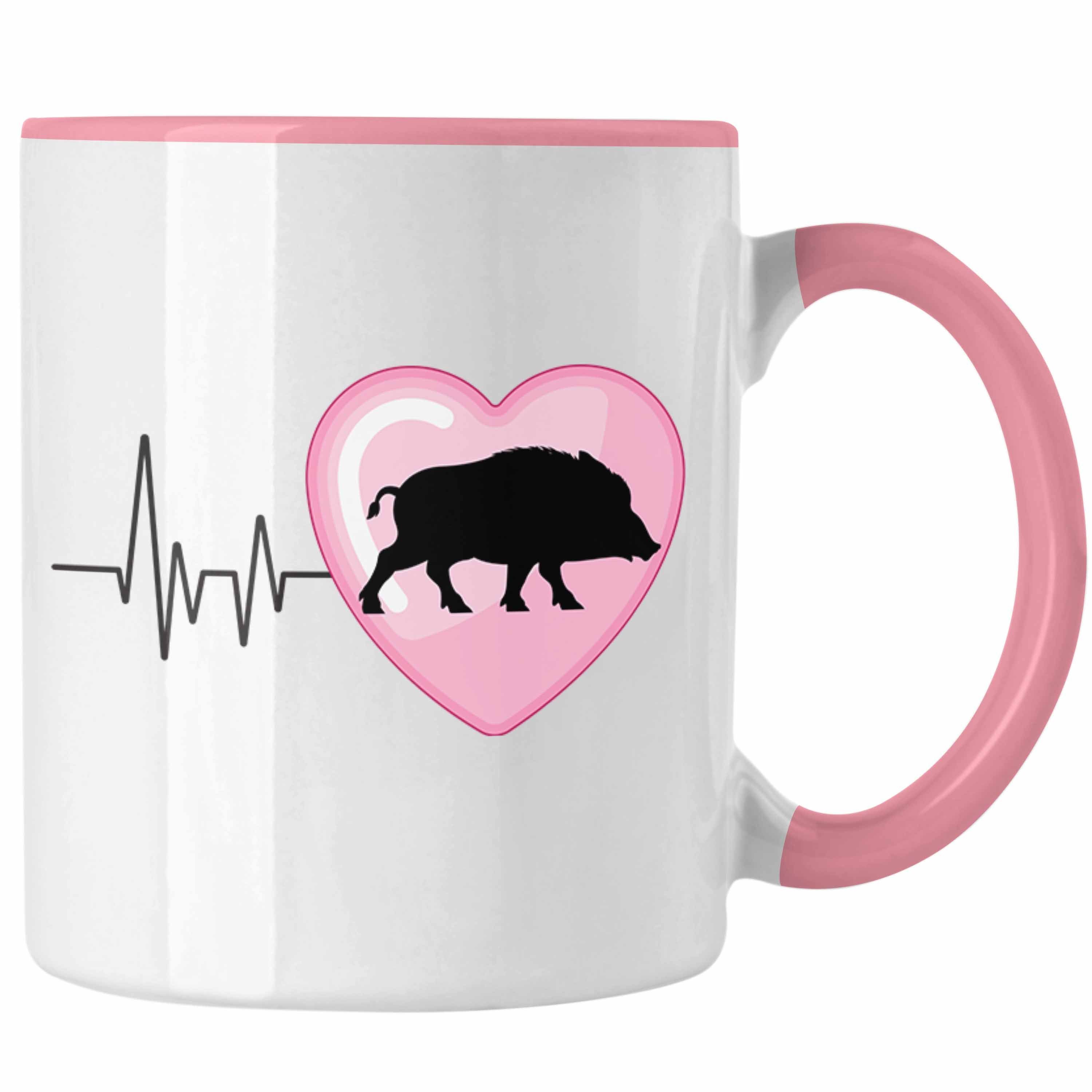 Trendation Tasse Trendation - Wilschwein Herzschlag Tasse Geschenk für Jäger Jagd Hobby Rosa