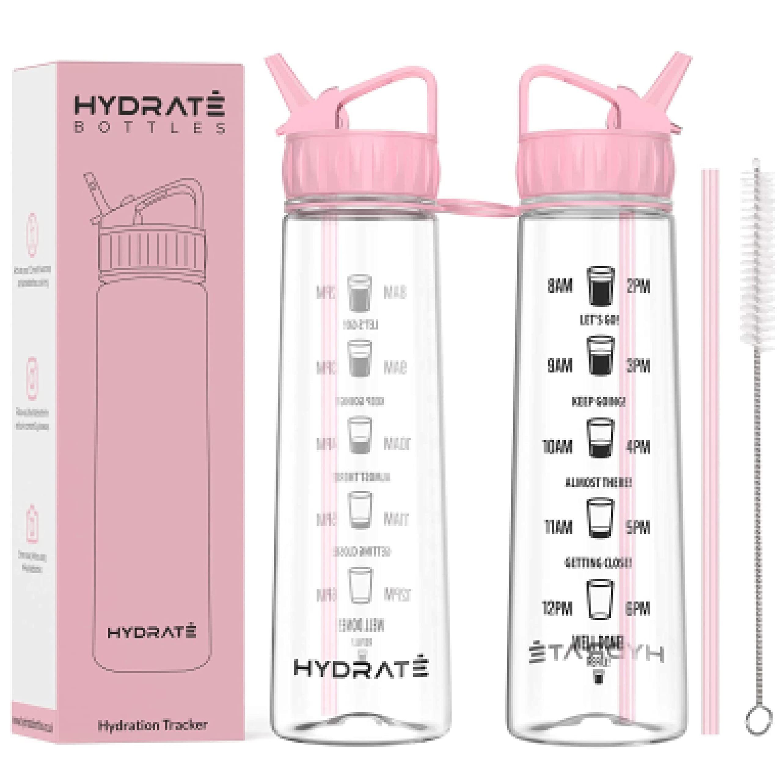 Tritan, Kunststoff Trinkflasche Strohhalm, Bottles Zeitmarkierungen, Pink Soft BPA-frei, 900ml Hydrate Trinkflasche,