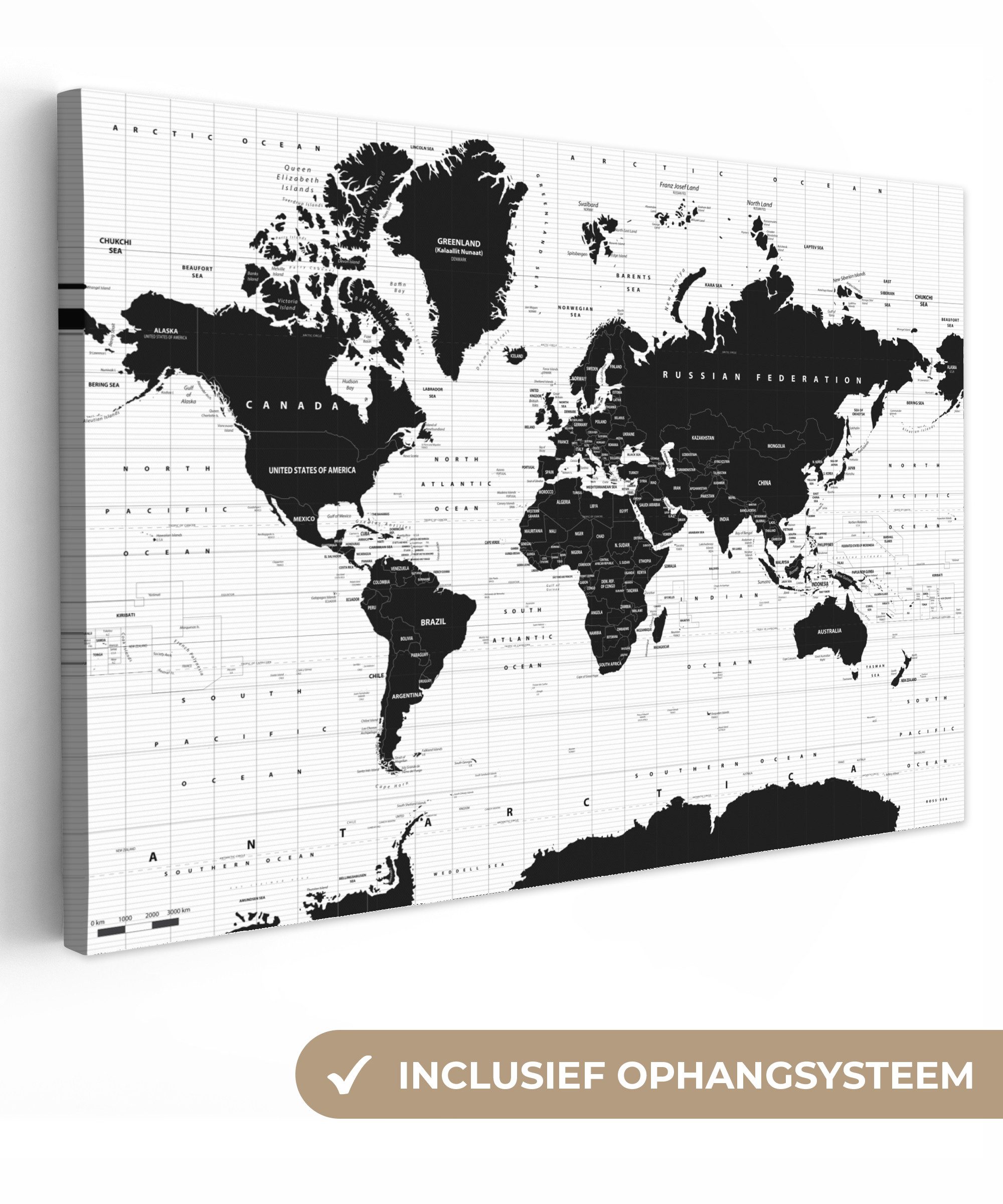 OneMillionCanvasses® Leinwandbild Weltkarte - Schwarz - Weiß - Atlas - Erde - Bildung, Fotodruck (1 St), Leinwand Bilder Klein, Wand Dekoration Aesthetic 30x20 cm