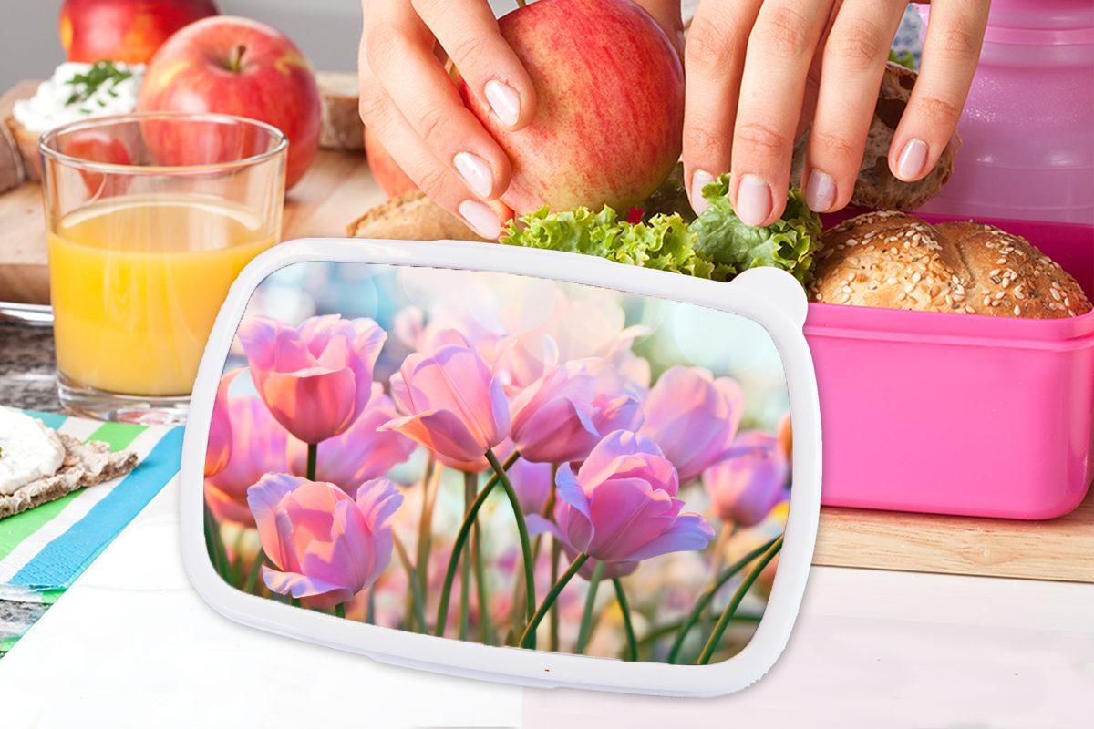 Brotdose - Brotbox Erwachsene, Lunchbox für MuchoWow (2-tlg), Tulpen Mädchen, Frühling, - Rosa Snackbox, Kinder, Kunststoff, Kunststoff