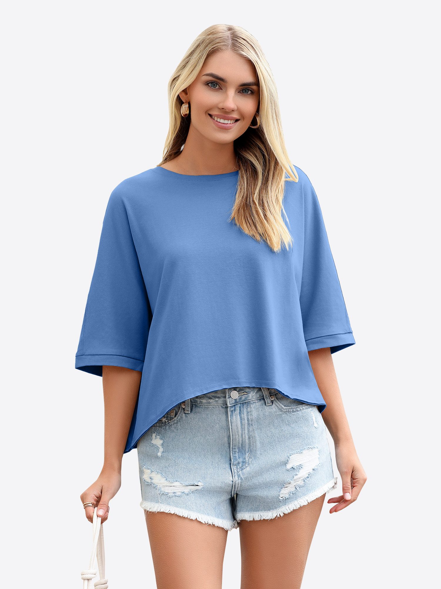 Imily Bela T-Shirt Damen Oversized Cropped Shirt Rundhals Casual Oberteil (Packung, 1-tlg., 1per-Pack) mit 3/4-Ärmeln und abgerundetem Saum in Unifarbe