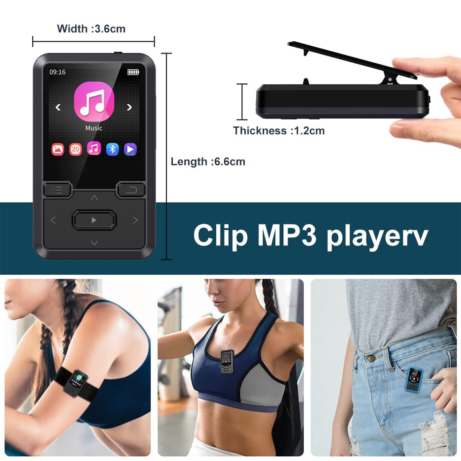 MOPUEA 64GB Clip-MP3-Player Multifunktional mit Bluetooth 5.0,Schrittzähler MP3-Player (64 GB Speicher, Bluetooth 5.0, Clip, HiFi, FM, 21 Std. Laufzeit)